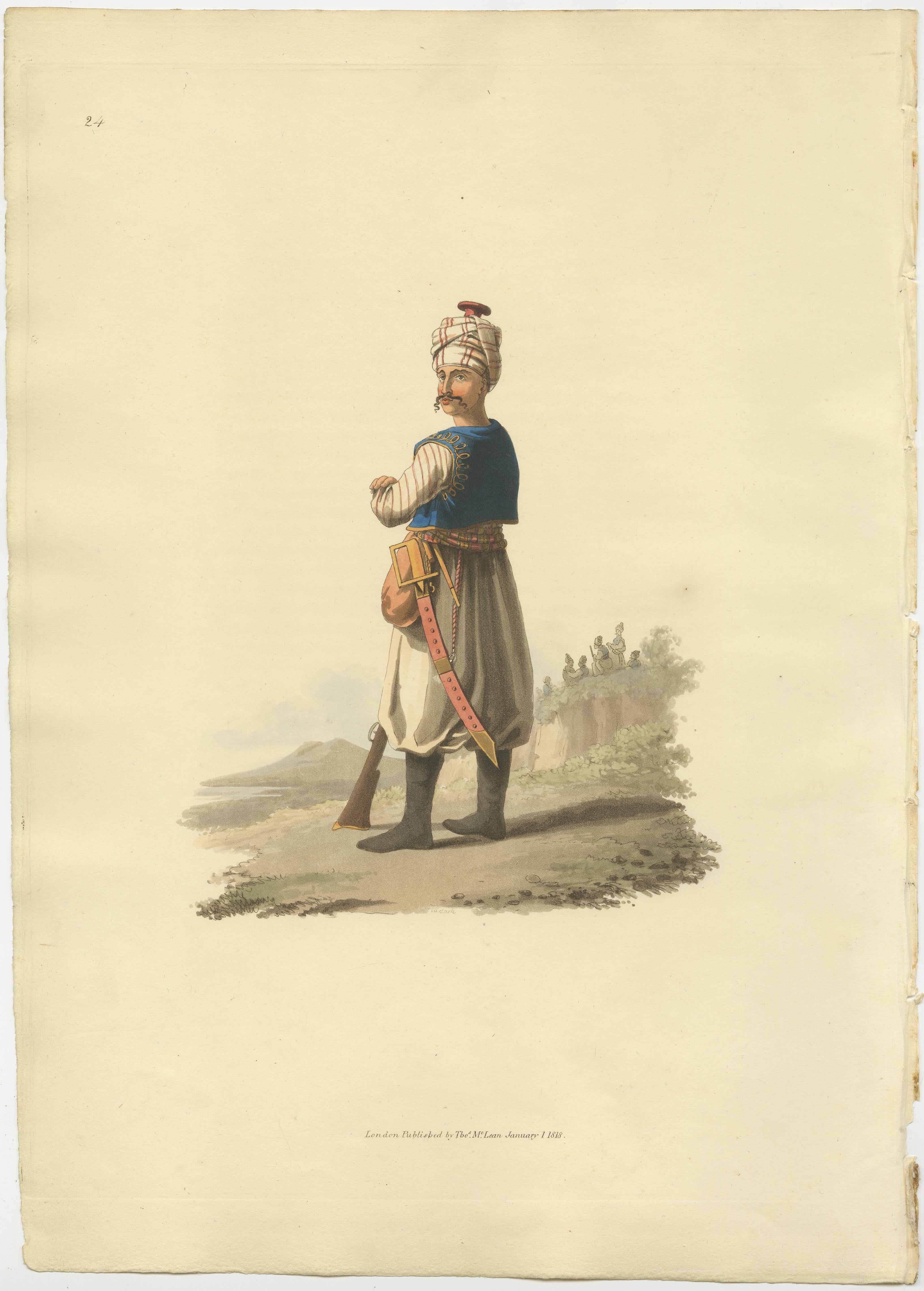 This print is from 'The Military Costume of Turkey. Illustrated by A Series of Engravings. From Drawings made on the Spot. Dedicated by Permission to His Excellency the Minister of the Ottoman Porte to his Britannic Majesty.'

London, Published by