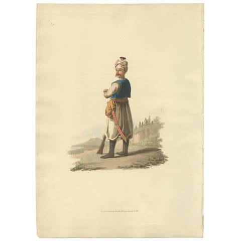 Antique Print of Janizary, Hand-Colored Aquatint, Turkey, 1818