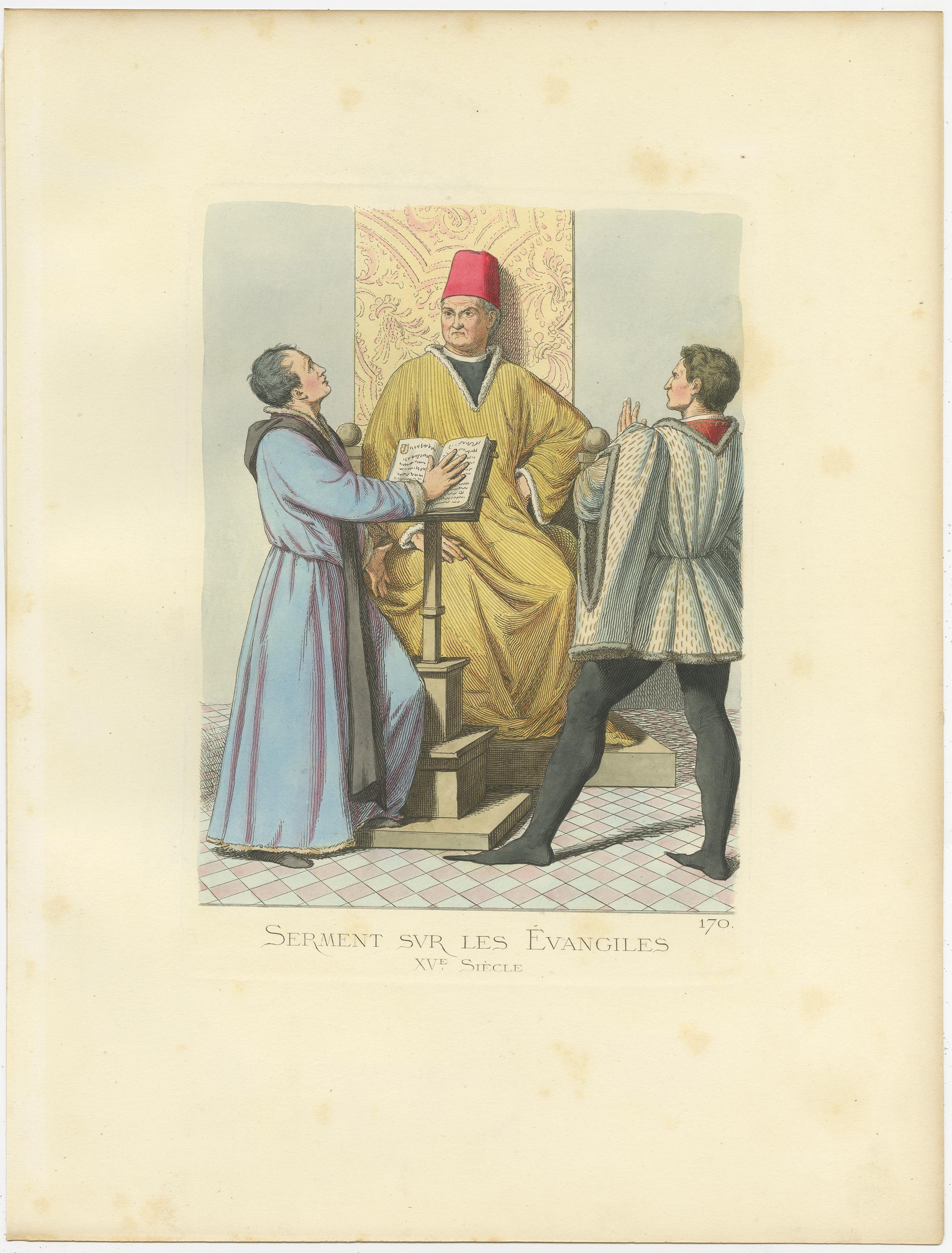 Grabado antiguo titulado 'Serment sur les Évangiles, XVe Siecle'. Grabado original antiguo de un juramento sobre la biblia. Este grabado procede de 