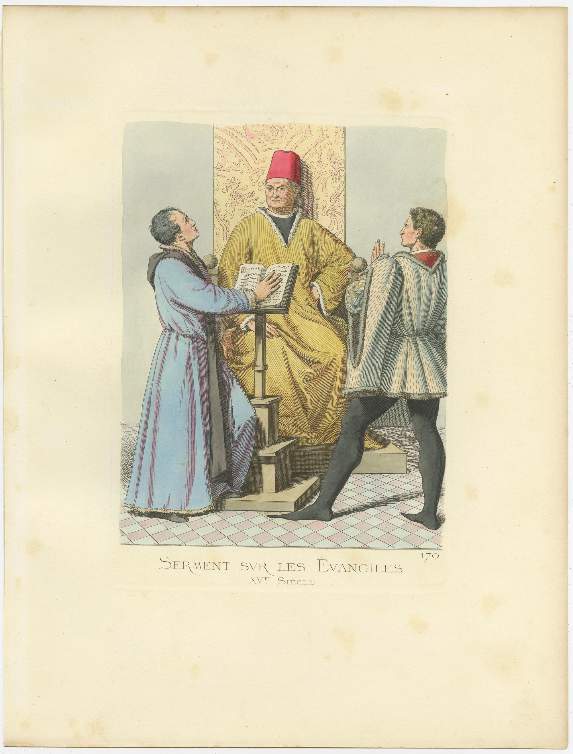 Antique print titled ‘Serment sur les Évangiles, XVe Siecle.’ Original antique print of an oath on the bible. This print originates from 'Costumes historiques de femmes du XIII, XIV et XV siècle' by C. Bonnard. Published, 1860.