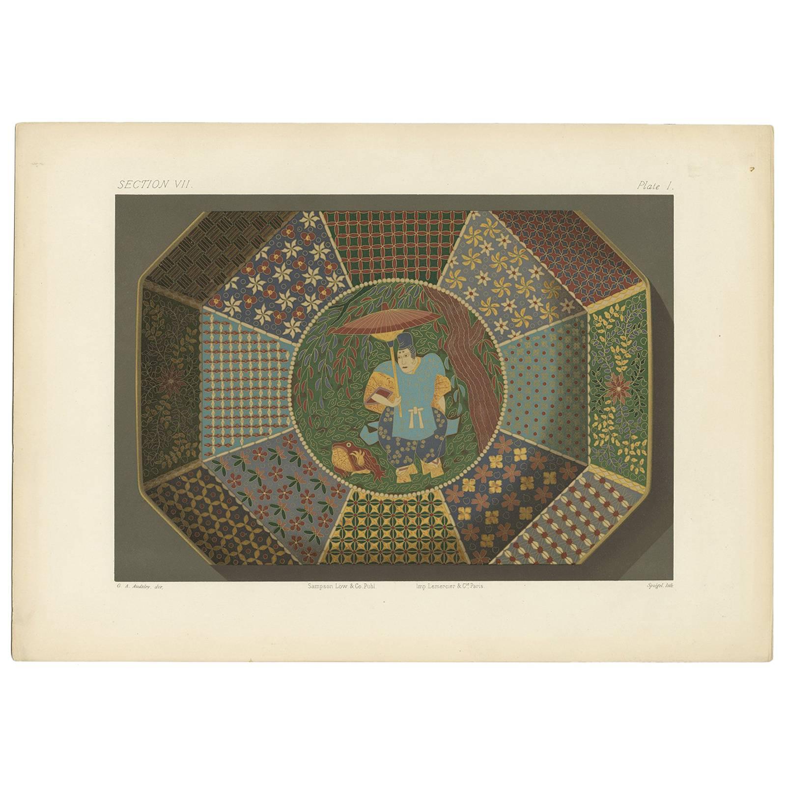 Grabado antiguo de un plato octogonal "Japón" por G. Audsley, 1884