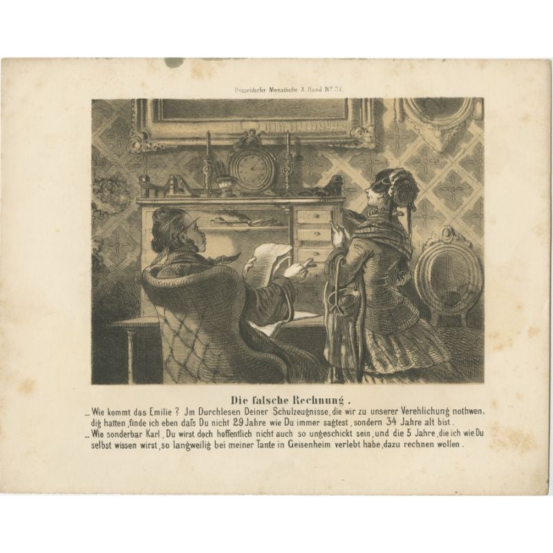 Antique print titled 'Die falsche Rechnung'. Original lithograph of an office scene. German text below title. This print originates from 'Düsseldorfer Moanathefte', published circa 1860. 

Artists and Engravers: Anonymous.

Condition: Fair/good,