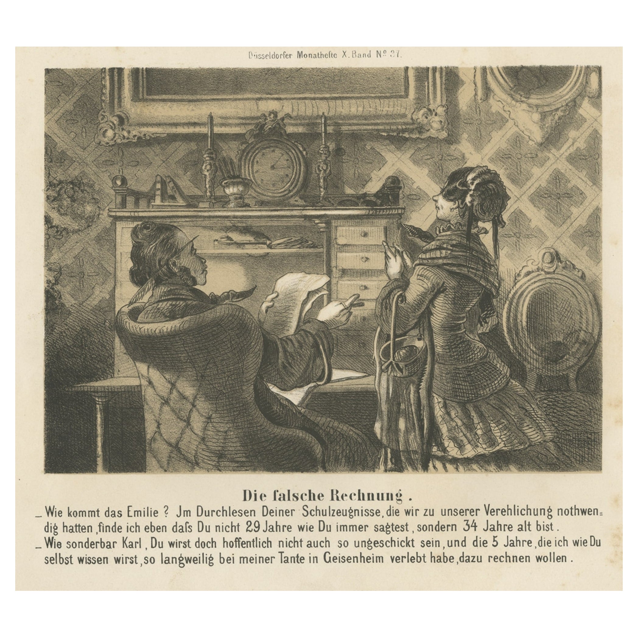 Antiker Druck einer Büroszene in Deutschland im 19. Jahrhundert, um 1860