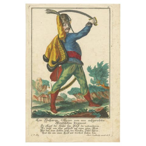 Antique Engraving of a Hungarian Officer by Martin Engelbrecht, c.1780