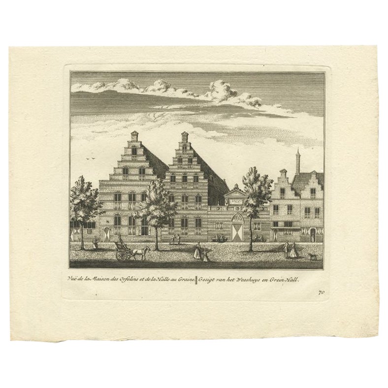Stampa antica di un orfanotrofio e di una fabbrica di tessuti, 1800 ca. in vendita