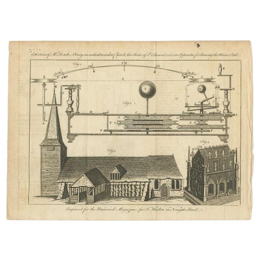Antique print titled 'A section of Mr. Hawk's Orrery, an ancient wooden Church, the Shrine of St. Edmund and an apparatus for drawing the Moons Path'. Print of i.a. an orrery and ancient wooden church. An orrery is a mechanical model of the Solar