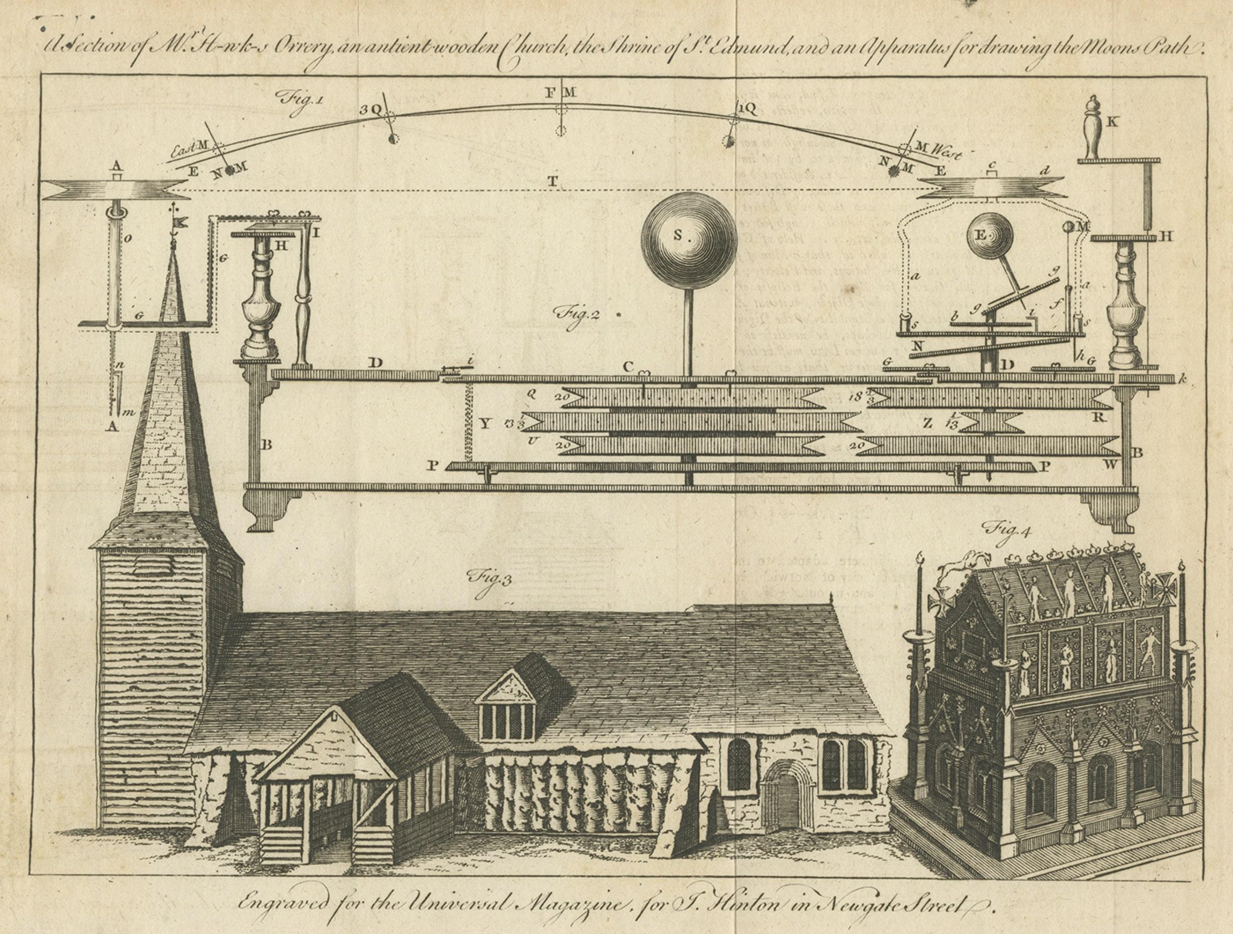 Paper Antique Print of an Orrery and Ancient Church, 1754 For Sale