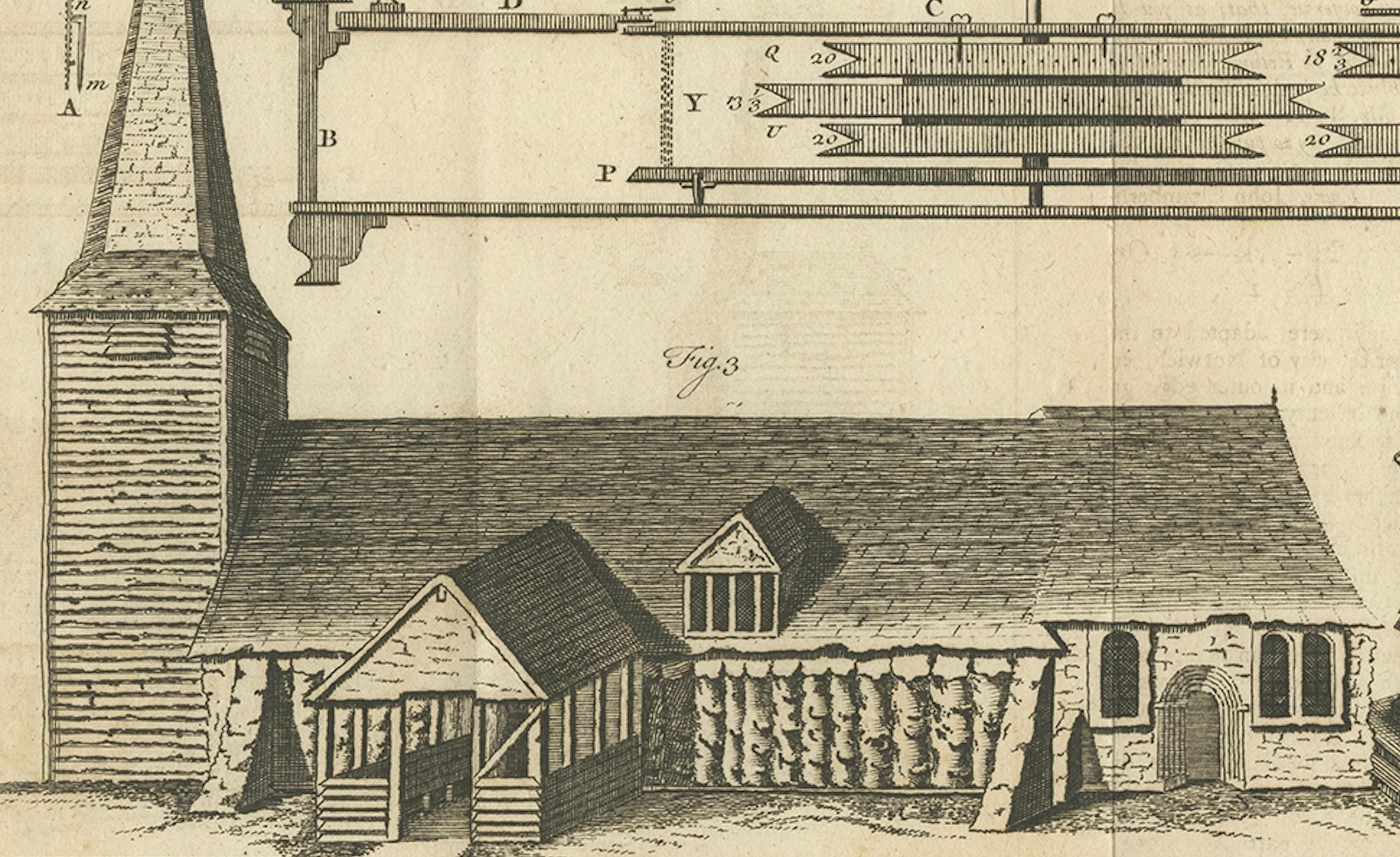 Paper Antique Print of an Orrery and Ancient Church, 1754 For Sale