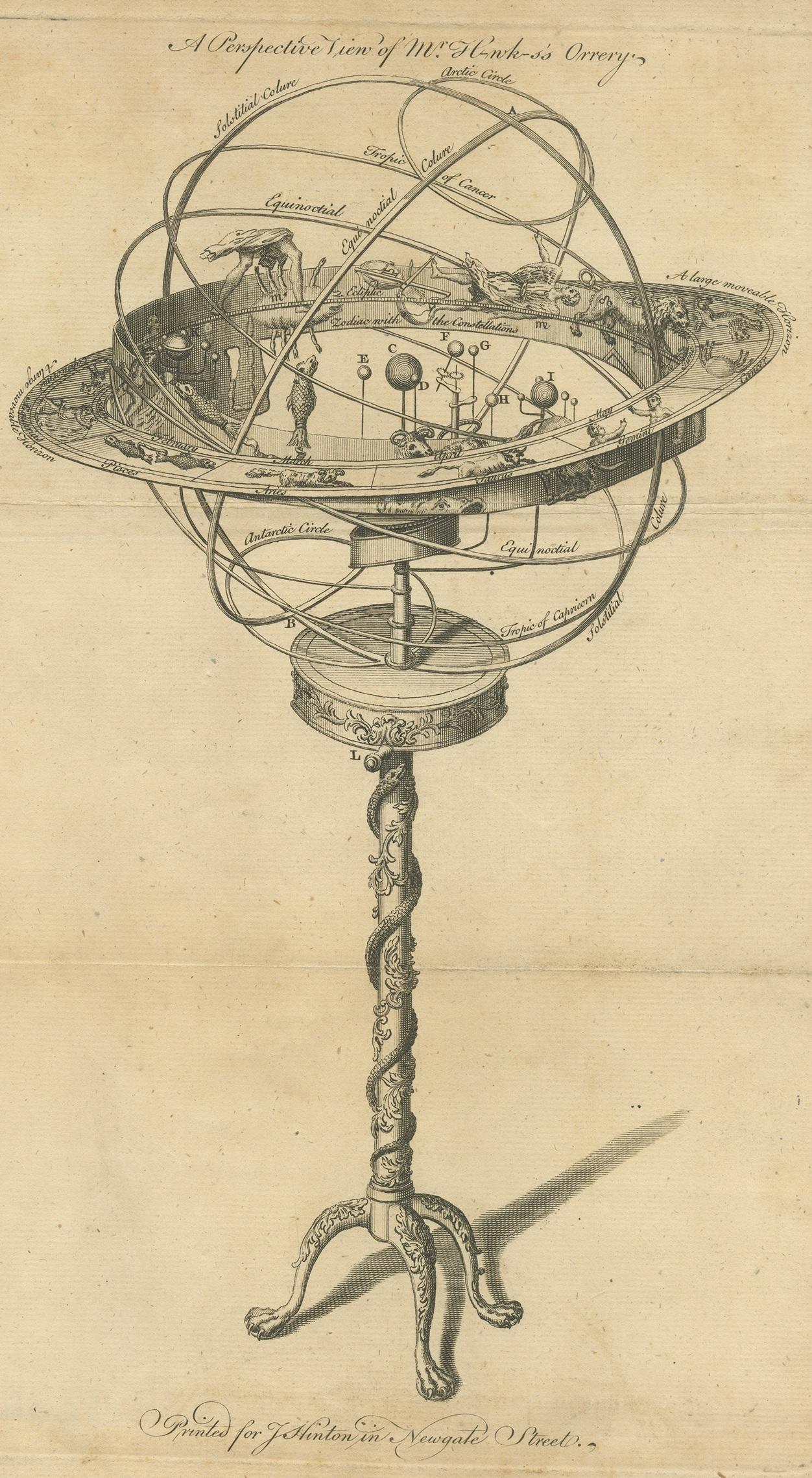 Antique print titled 'A Perspective View of Mr. Hawks's Orrery'. Copper engraving of an orrery. An Orrery is a mechanical model of the solar system that illustrates or predicts the relative positions and motions of the planets and moons, usually