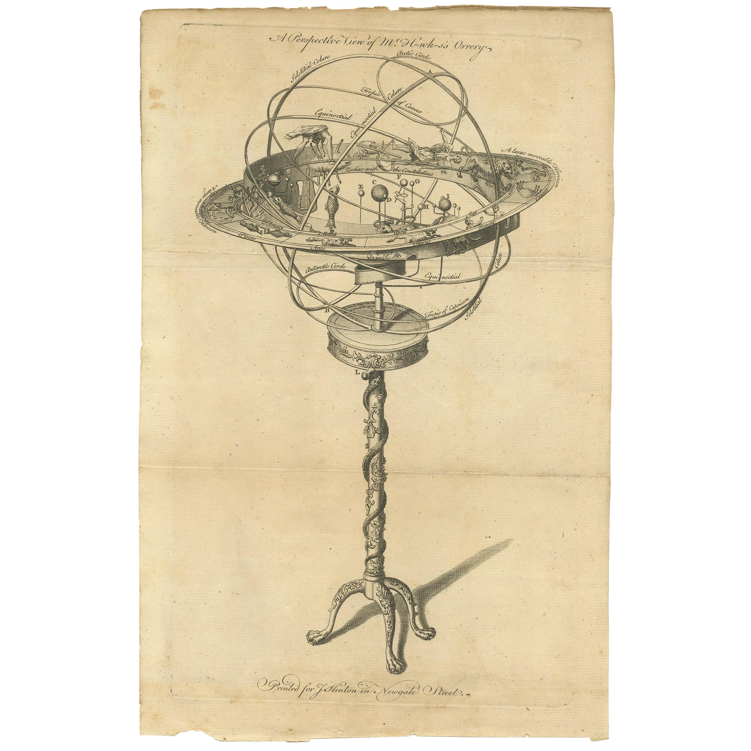 Antique Print of an Orrery by Hinton, circa 1750 For Sale