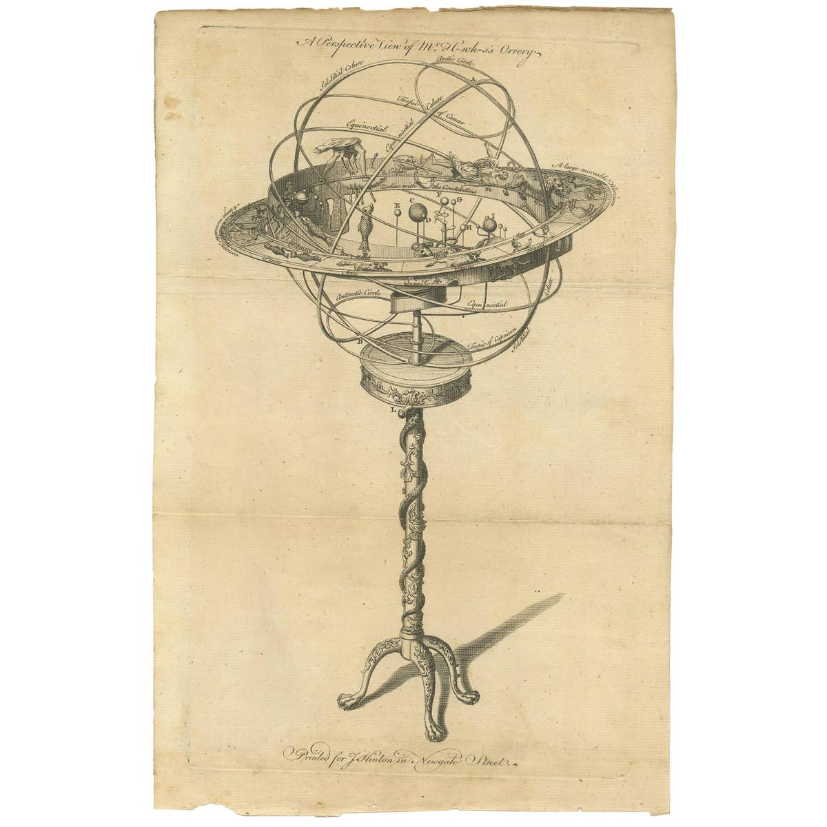 Antique Print of an Orrery by Hinton, circa 1750