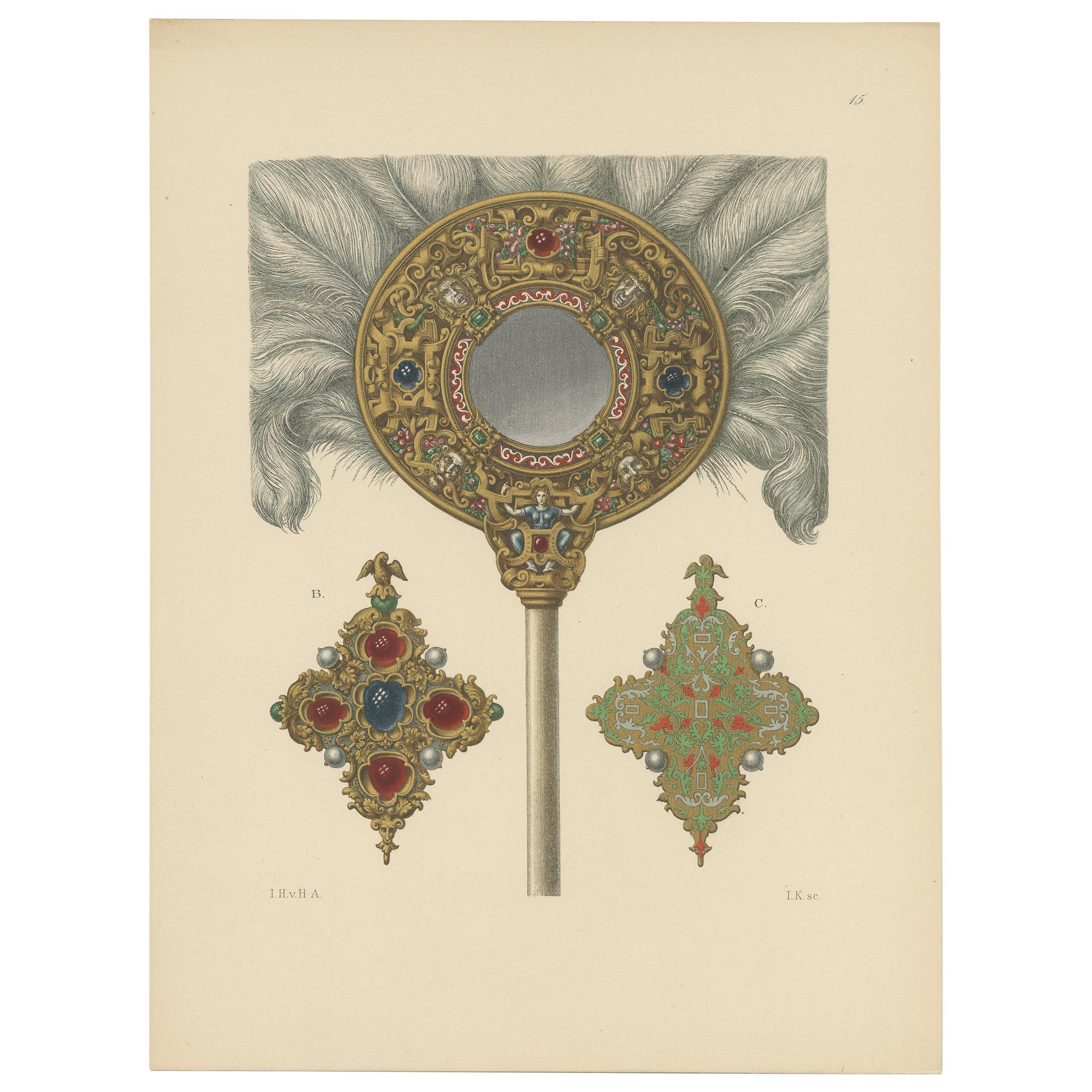 Impression ancienne d'un chiffon à plumes ovale avec miroir par Hefner-Alteneck, '1890'