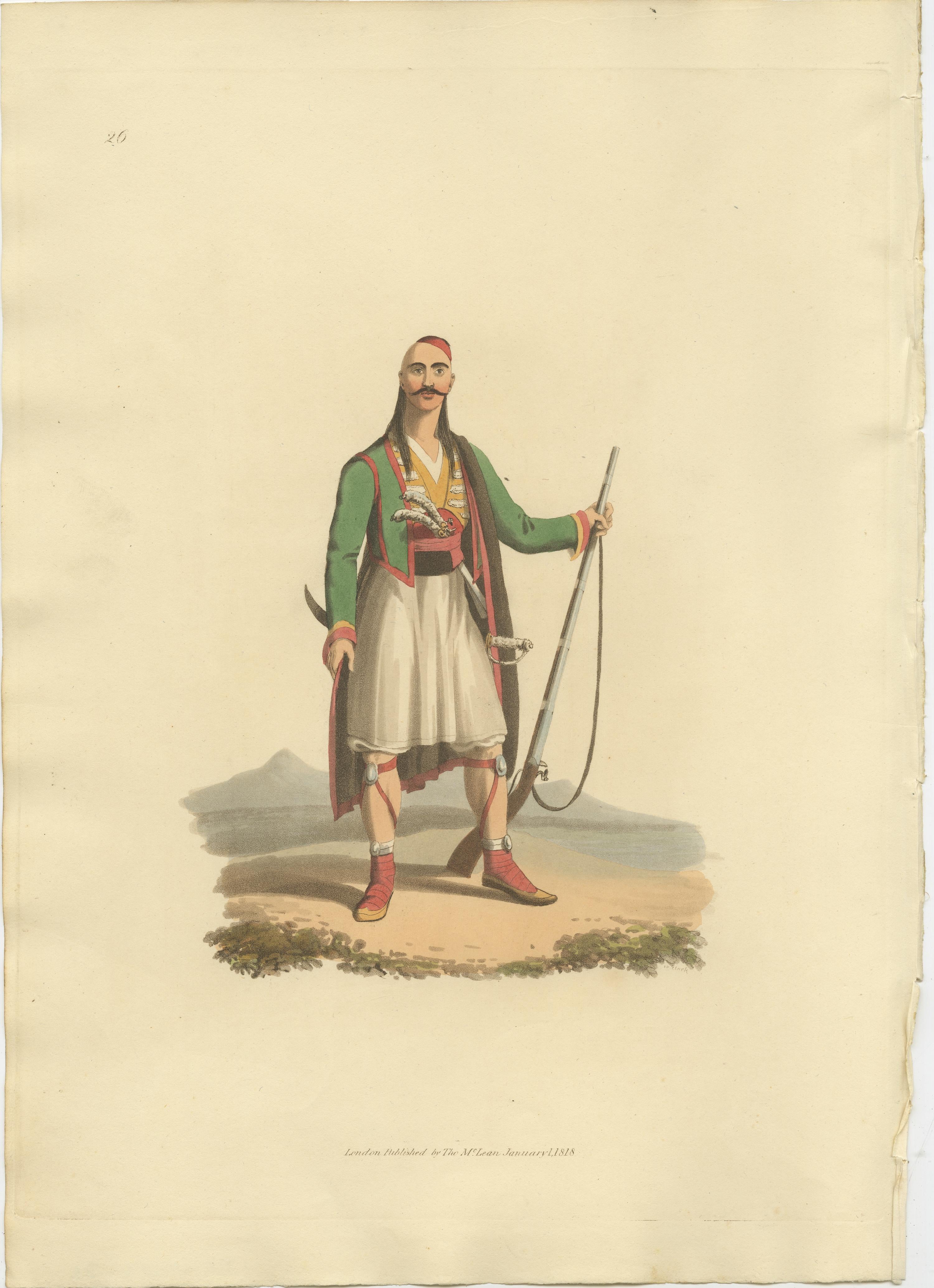From: The Military Costume of Turkey, first published by Thomas McLean 
Drawing by Octavien Dalvimart (d'Alvimart), Engraved F.H. Clark

The originial text that goes with the print:


'The Albanian soldier entertains a very nice sense of honour; a