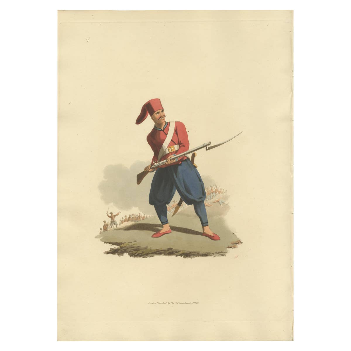 Antique Print of Turkish Soldier, Hand-Colored Aquatint, 1818, Folio