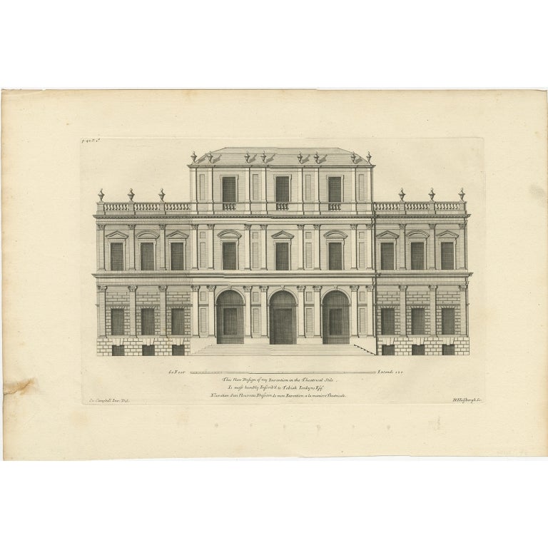 Antique print titled 'This new design of my invention in the Theatrical Stile (..)'. 

Unexecuted design for a house for Tobias Jenkyns 'in the theatrical style'. 

Tobias Jenkins was one of two Members of the Parliament of England for the