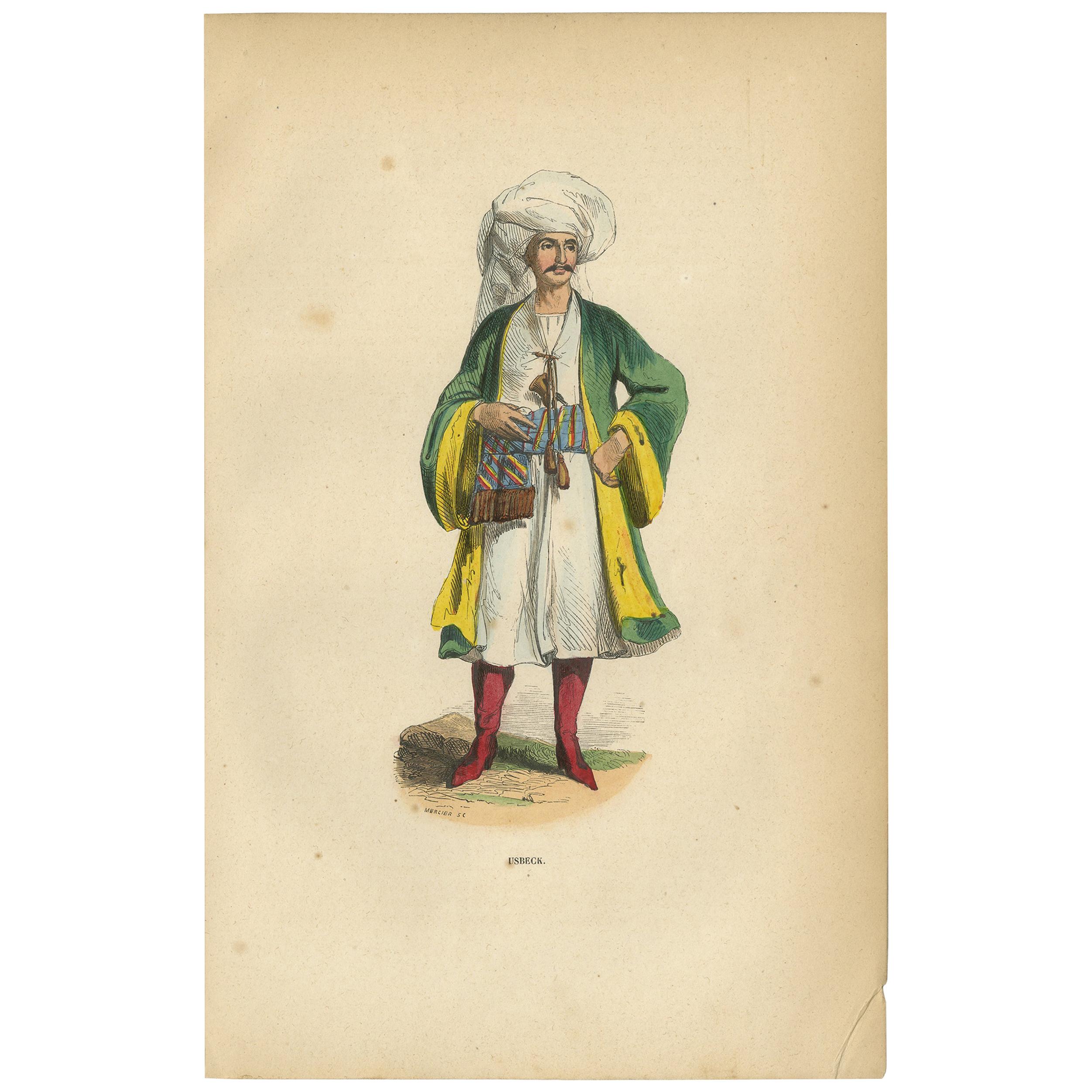 Antique Print of an Uzbek Man by Wahlen, 1843 For Sale