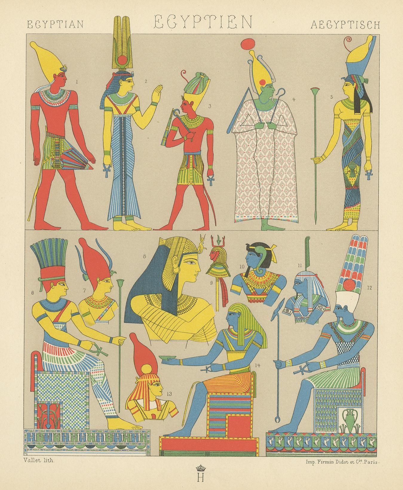 Antique print titled 'Egyptian - Egyptien - Aegyptisch'. Lithograph of ancient costumes of Egypt. This print originates from 'Le Costume Historique (..)' by A. Racinet.