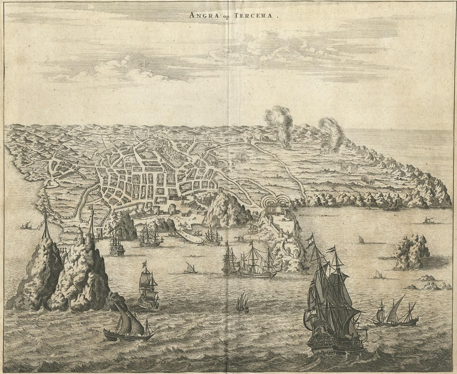Antique print titled 'Angra op Tercera'. Antique print of Angra, Azores, in Portugal, during the mid-17th century. Shows roadways buildings, fortifications and geographical features; with numerous ships shown sailing off of the coast in the