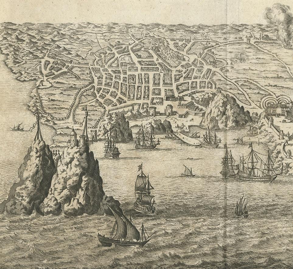 Impression ancienne d'Angra Azores par A. Montanus, 1671 Bon état - En vente à Langweer, NL