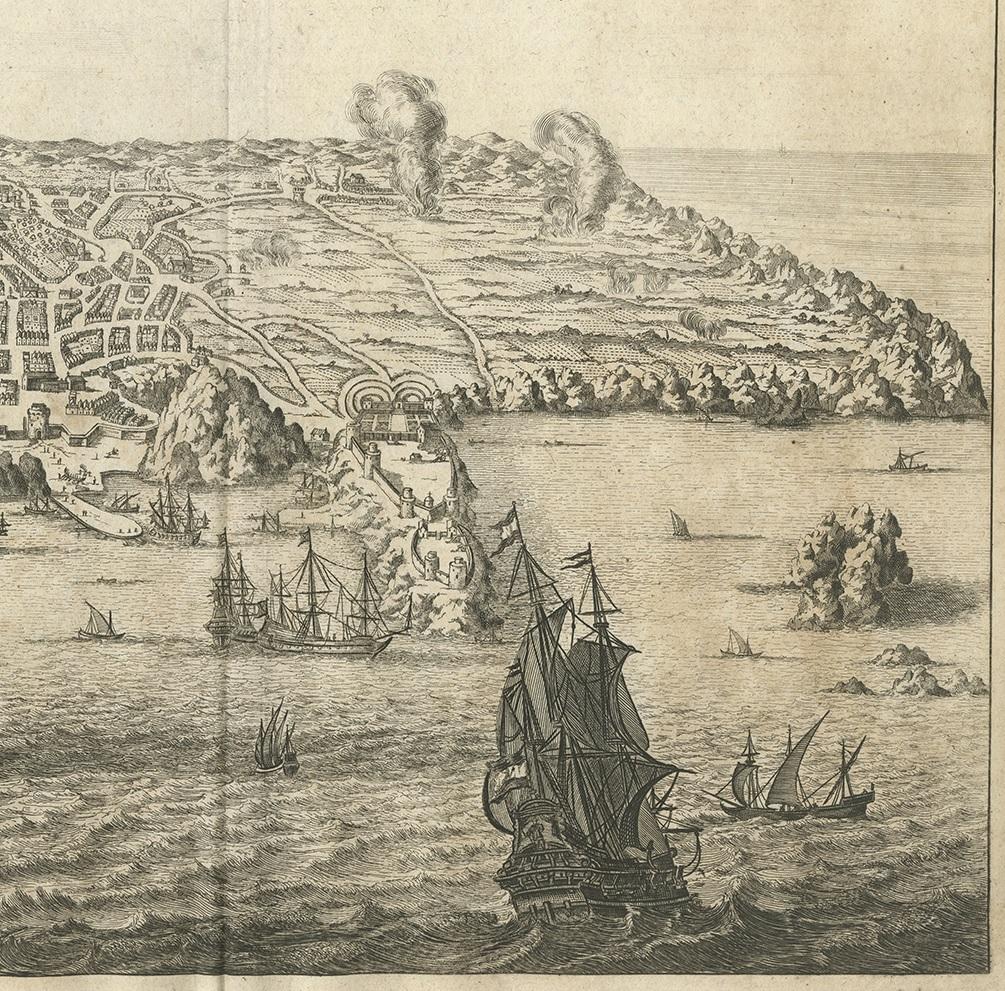 17ème siècle Impression ancienne d'Angra Azores par A. Montanus, 1671 en vente