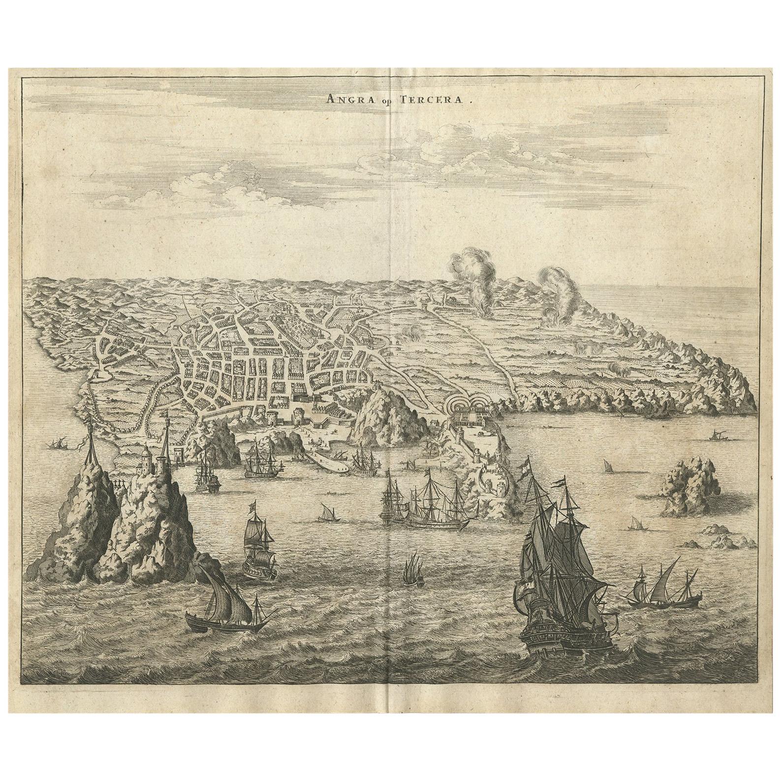 Antiker Druck von Angra „ Azores“ von A. Montanus, 1671 im Angebot