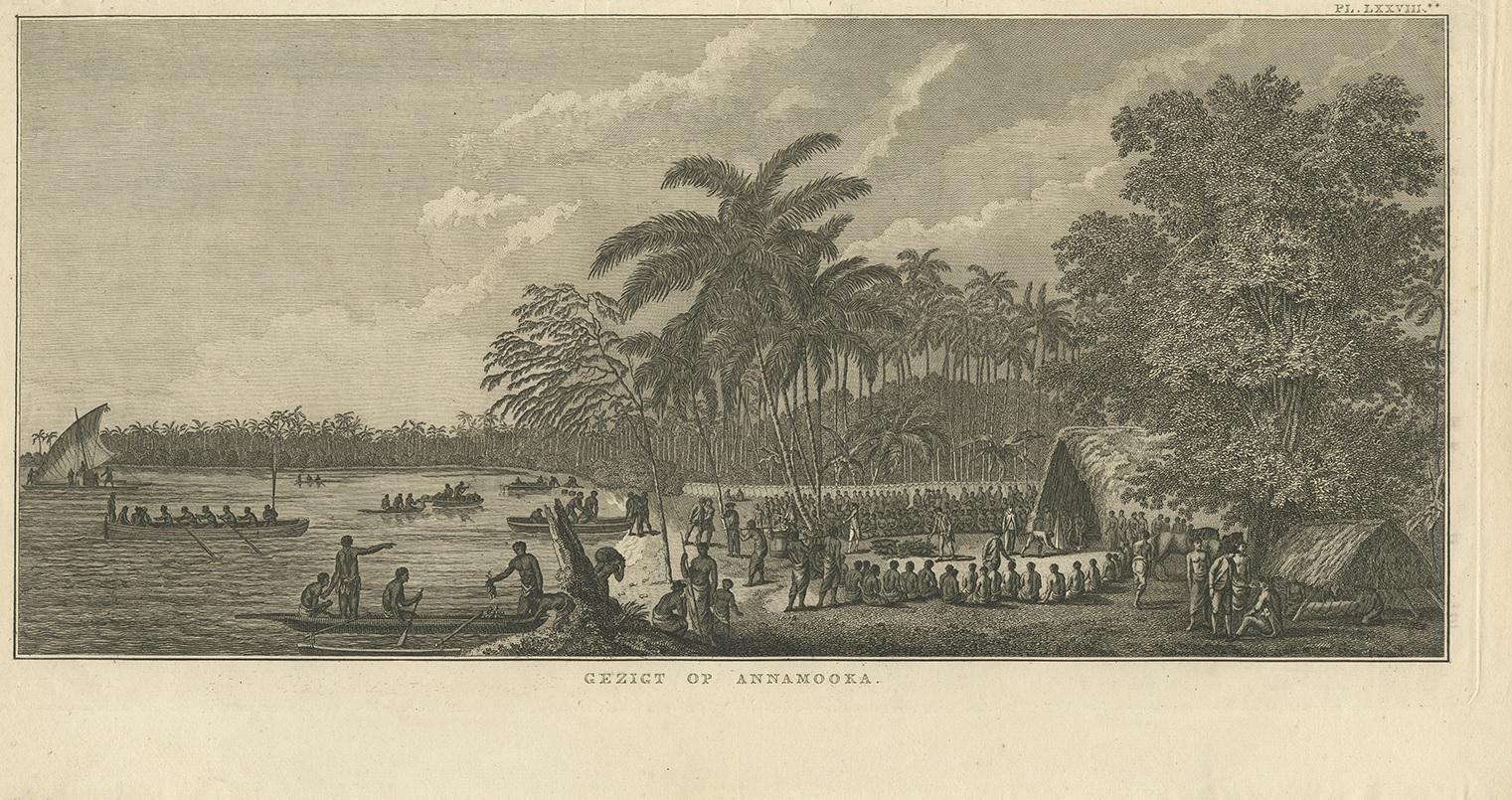 Antique print titled 'Gezigt op Annamooka'. This print depicts the Harbour of Annamooka, now Nomuka, part of the Ha’apai group of Tonga. Originates from 'Reizen rondom de Waereld' by J. Cook. Translated by J.D. Pasteur. Published by Honkoop, Allart