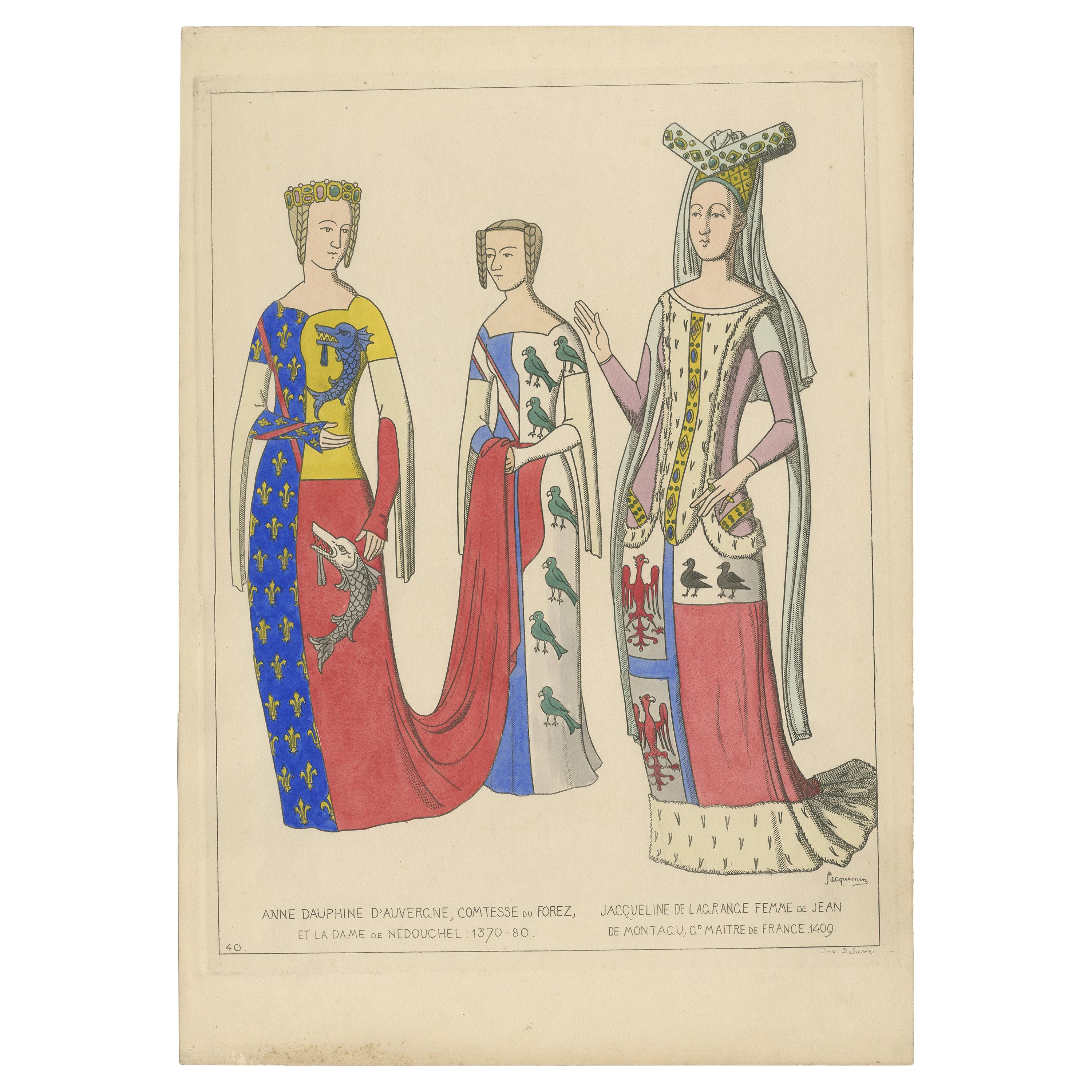 Antique Print of Anne of Auvergne and Jacqueline de la Grange, 'c.1870' For Sale