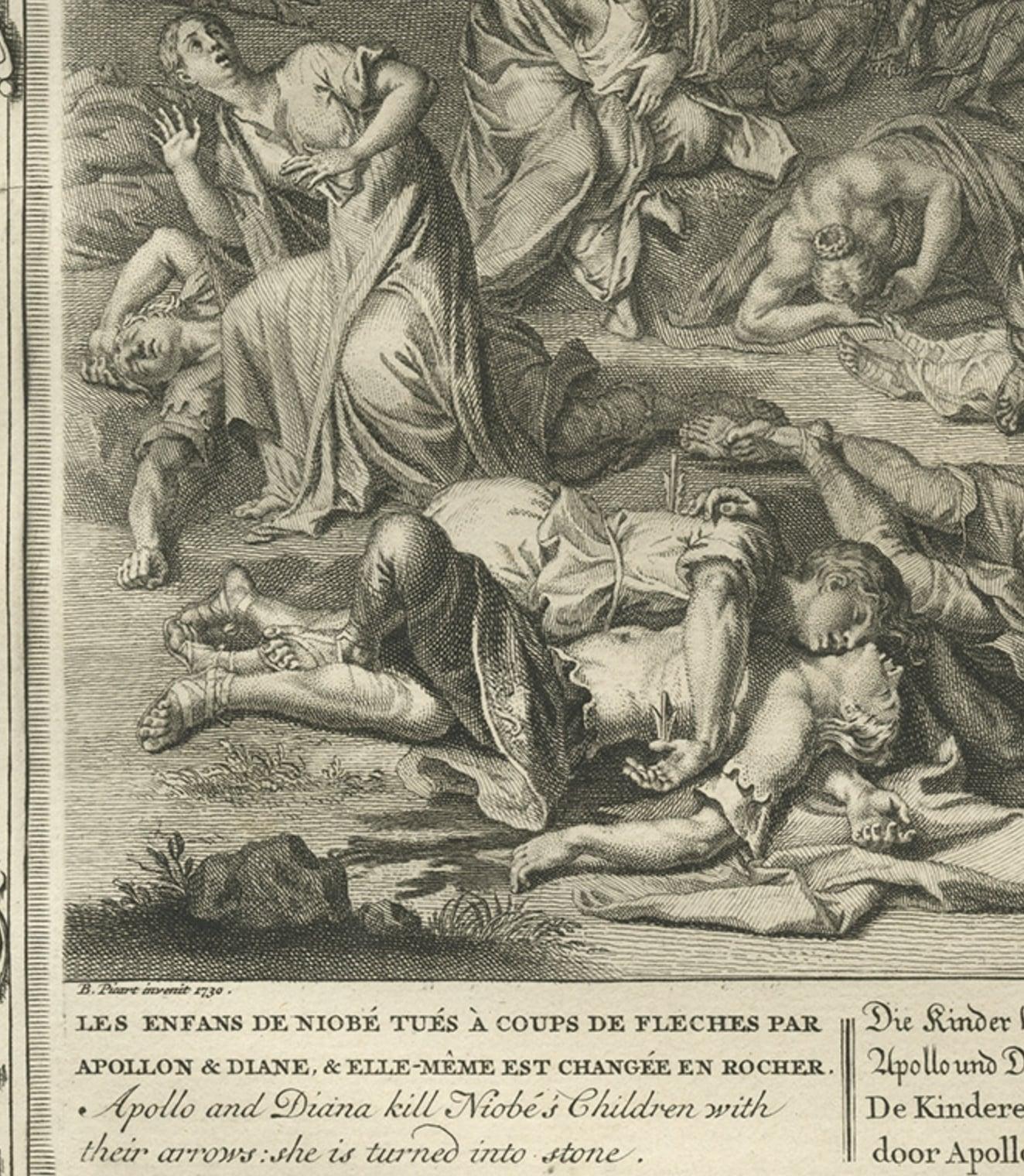 Antique print titled 'Les Enfans de Niobé Tués (..)'. This print depicts Apollo and Diana killing Niobe's Children with their arrows. In Greek mythology Niobe was a daughter of Tantalus and the sister of Pelops. Niobe boasted of her superiority to