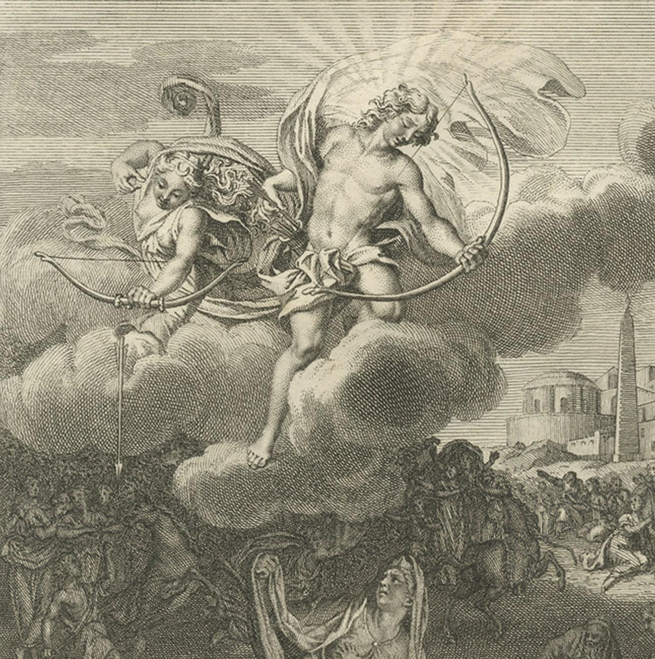 Antique Print of Apollo and Diana Killing Niobe's Children with Arrows, 1733 In Good Condition For Sale In Langweer, NL