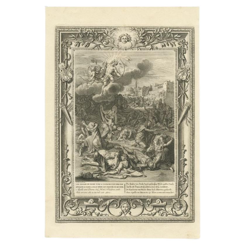 Antique Print of Apollo and Diana Killing Niobe's Children with Arrows, 1733 For Sale