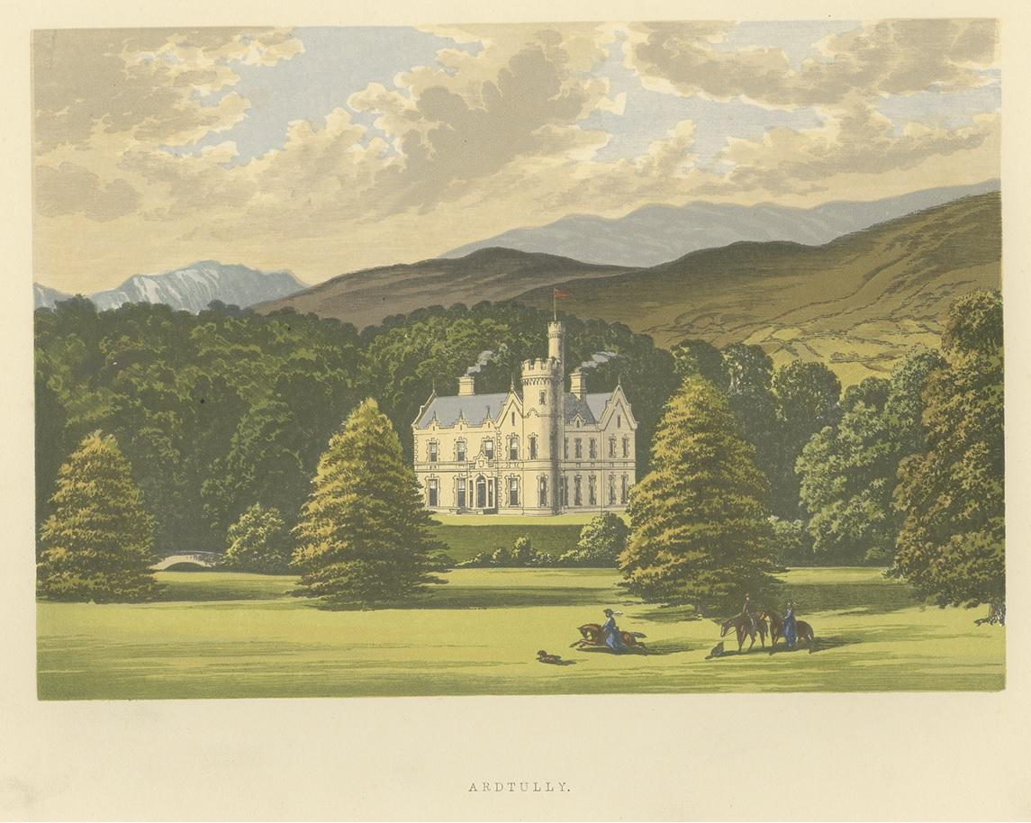 Antique print titled 'Ardtully'. Color printed woodblock of Ardtully House, in a field west of the village of Kilgarvan, in County Kerry in Ireland. This print originates from 'Picturesque Views of Seats of Noblemen and Gentlemen of Great Britain