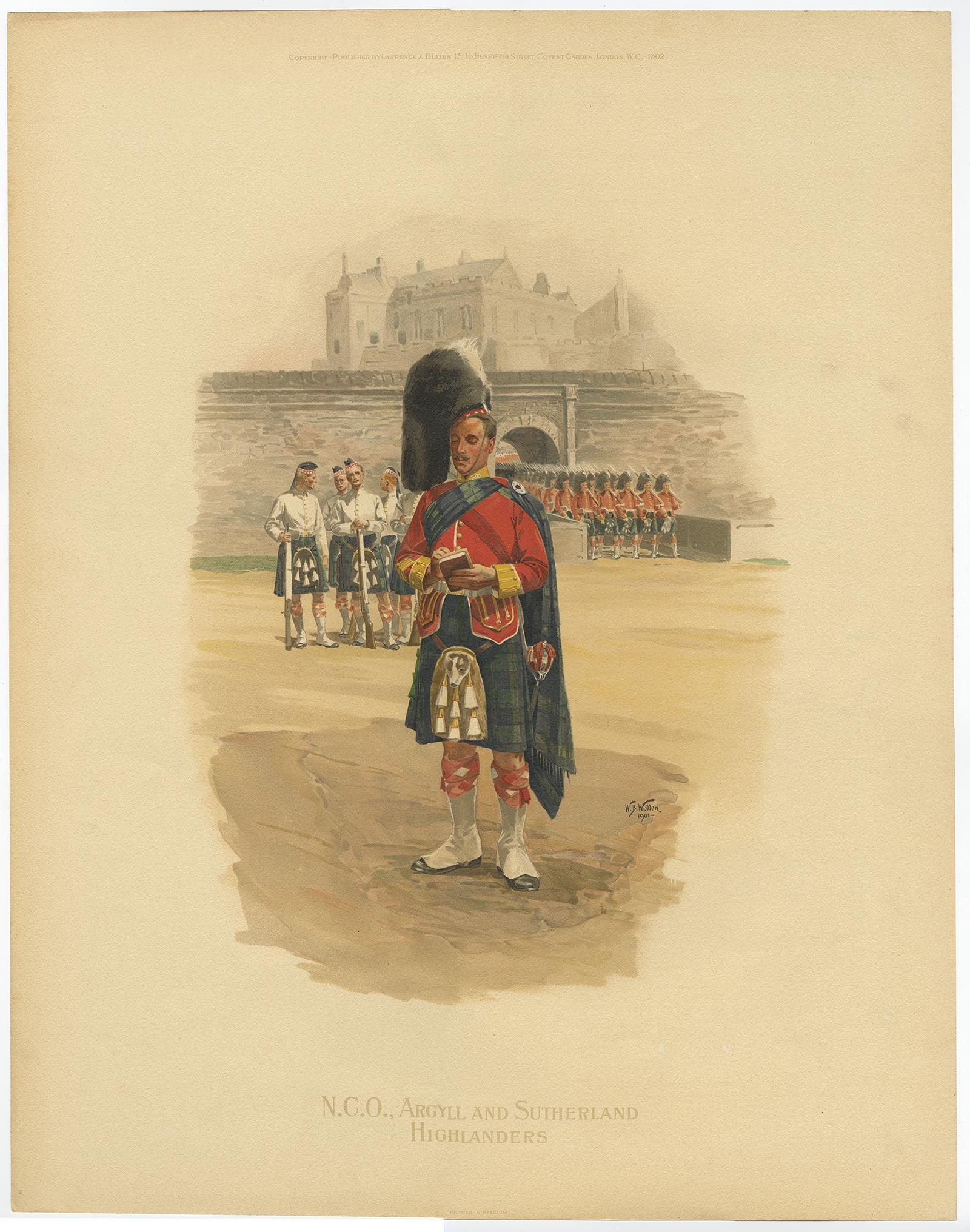 Description: Antique print, titled: 'N. C. O. Argyll and Sutherland Highlanders.' 

The Argyll and Sutherland Highlanders (Princess Louise's) was a line infantry regiment of the British Army that existed from 1881 until amalgamation into the Royal