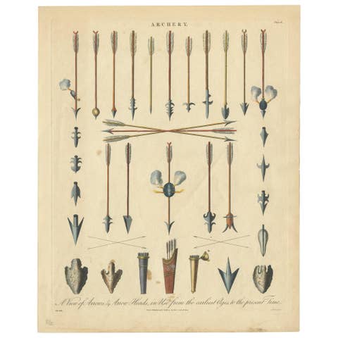 Antique Print of Arrows and Arrow Heads by Wilkes '1797'