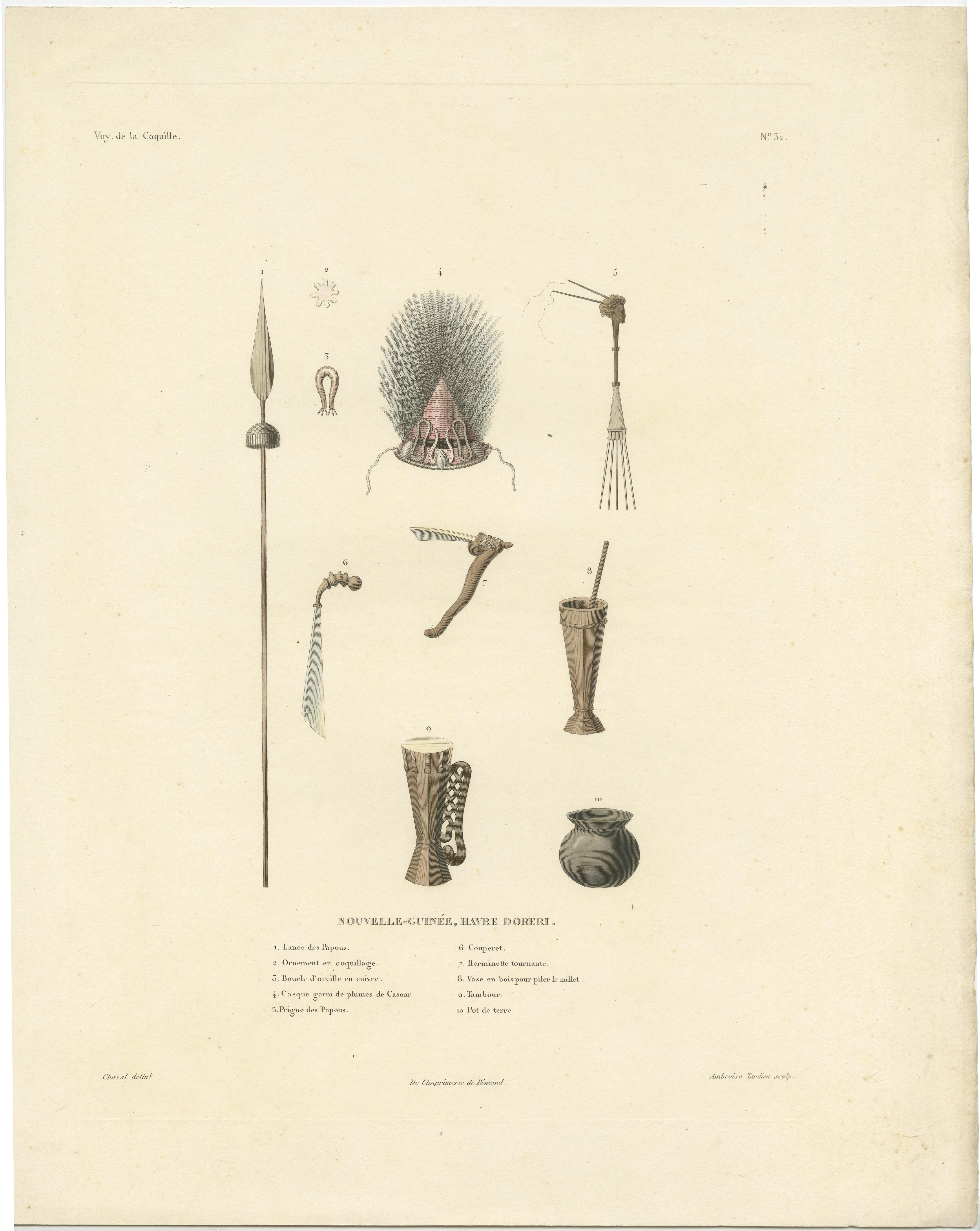 Antique print titled 'Nouvelle-Guinée, Havre Doreri'. Original old print with artifacts from the haven of Doreri, New Guinea (Papua). This print originates from 'Voyage autour du monde exécuté par ordre du roi, sur la corvette de Sa Majesté, La