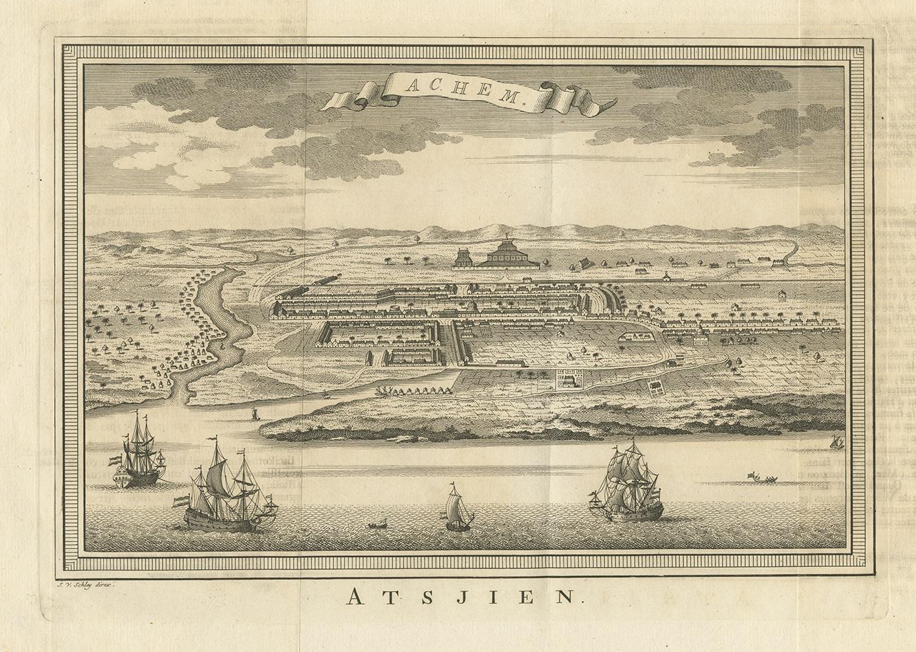 Antique print titled 'Achem - Atsjien'. Decorative panoramic view of Atjeh (Banda Aceh) on Sumatra, Indonesia. On this engraving a pagode like building is visible in the background. In the foreground sailing vessels. This print originates from