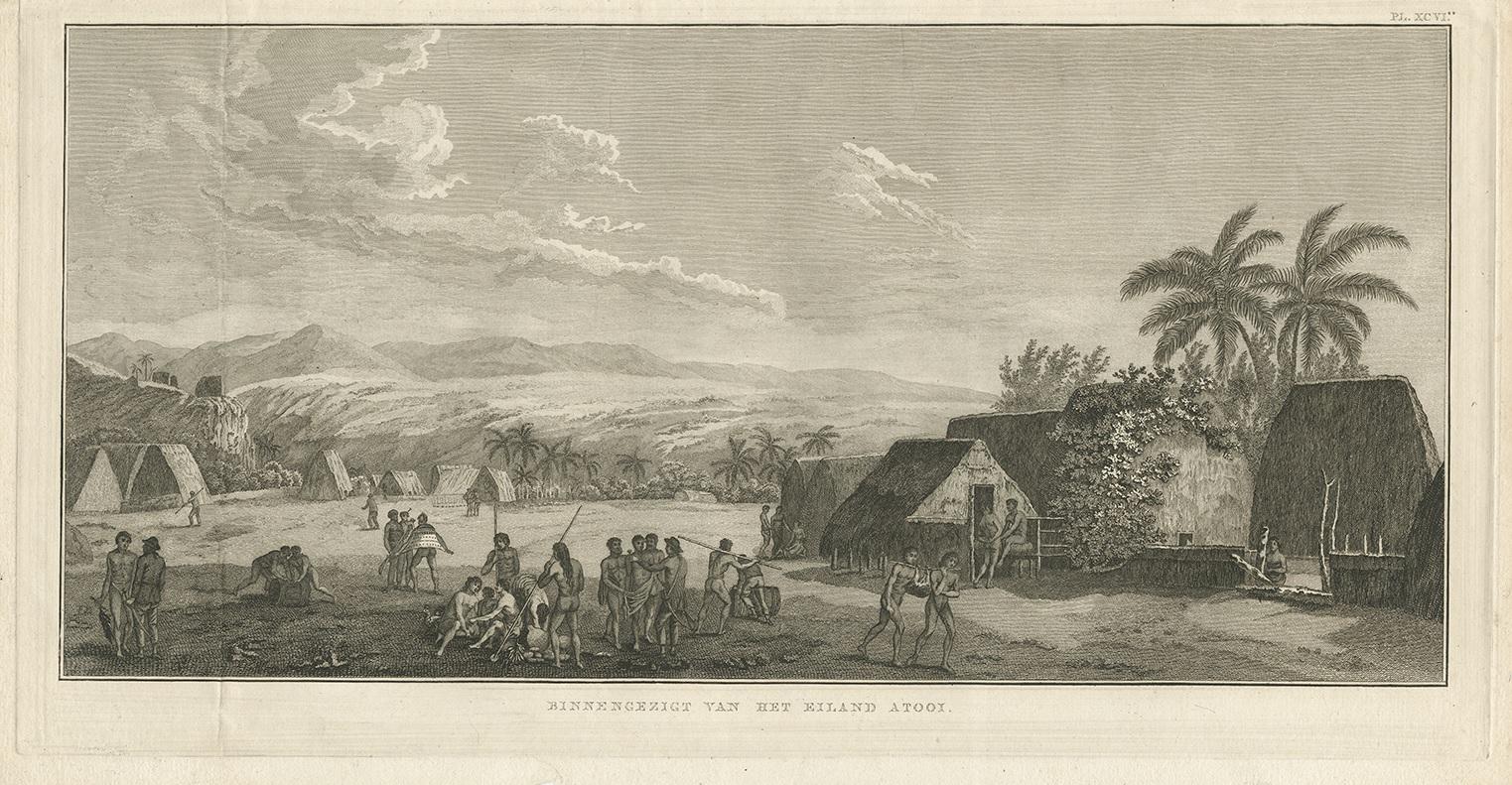 Antique print titled 'Binnengezigt van het Eiland Atooi'. This print depicts a view of Atooi Island, the former name of Kauai, a Hawaiian Island. Originates from 'Reizen rondom de Waereld' by J. Cook. Translated by J.D. Pasteur. Published by