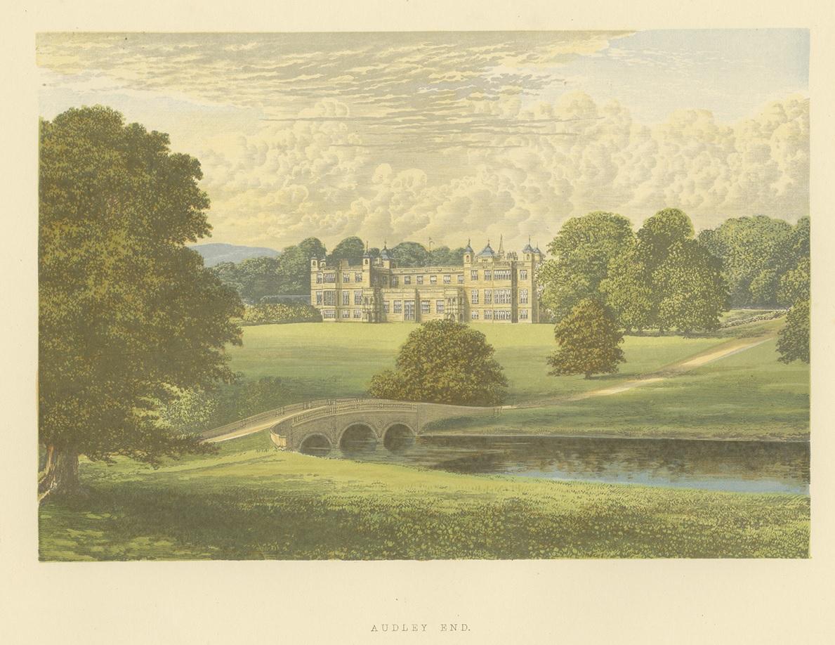 Antique print titled 'Audley End'. Color printed woodblock of Audley End House, an early 17th century country house outside Saffron Walden, Essex, England. This print originates from 'Picturesque Views of Seats of Noblemen and Gentlemen of Great