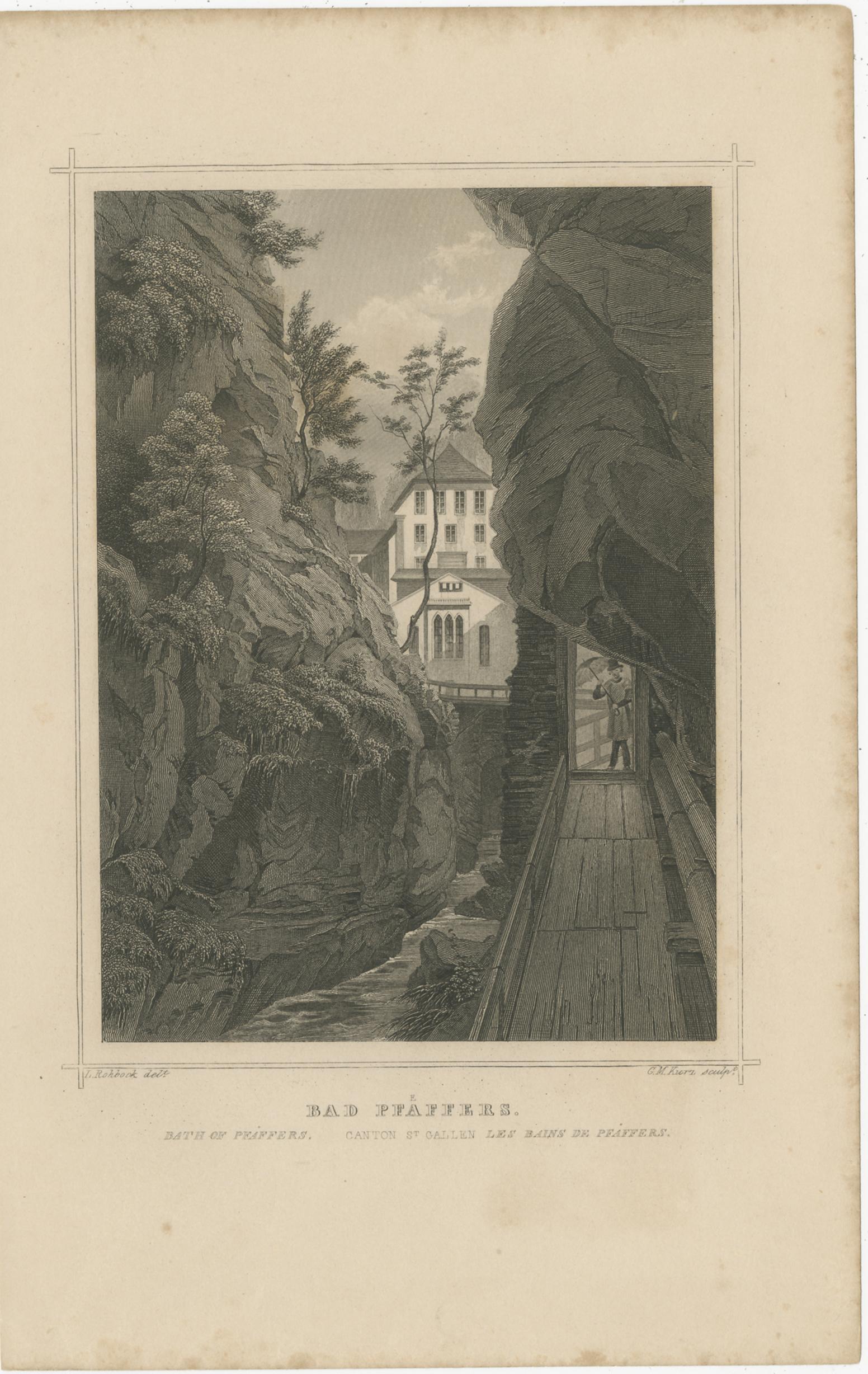 Antique print titled 'Bad Pfaeffers, Canton St. Gallen'. View of Bad Pfäfers, or Pfäfers Spa. Today, it is the oldest Baroque bath-house in Switzerland, houses a restaurant and a museum.

Engraved by G.M. Kurz after Rohbock. Published circa 1860.