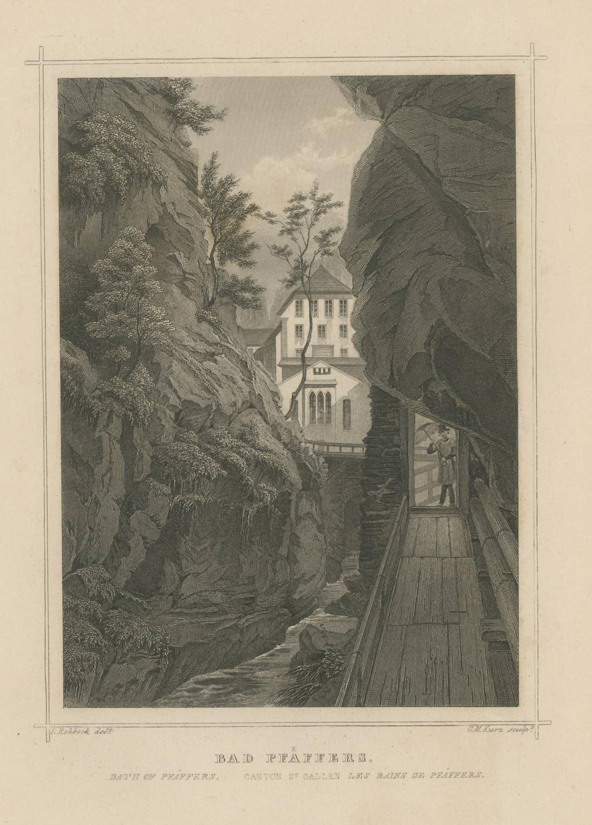 Antique Print of Bad Pfäfers, St. Gallen, Switzerland