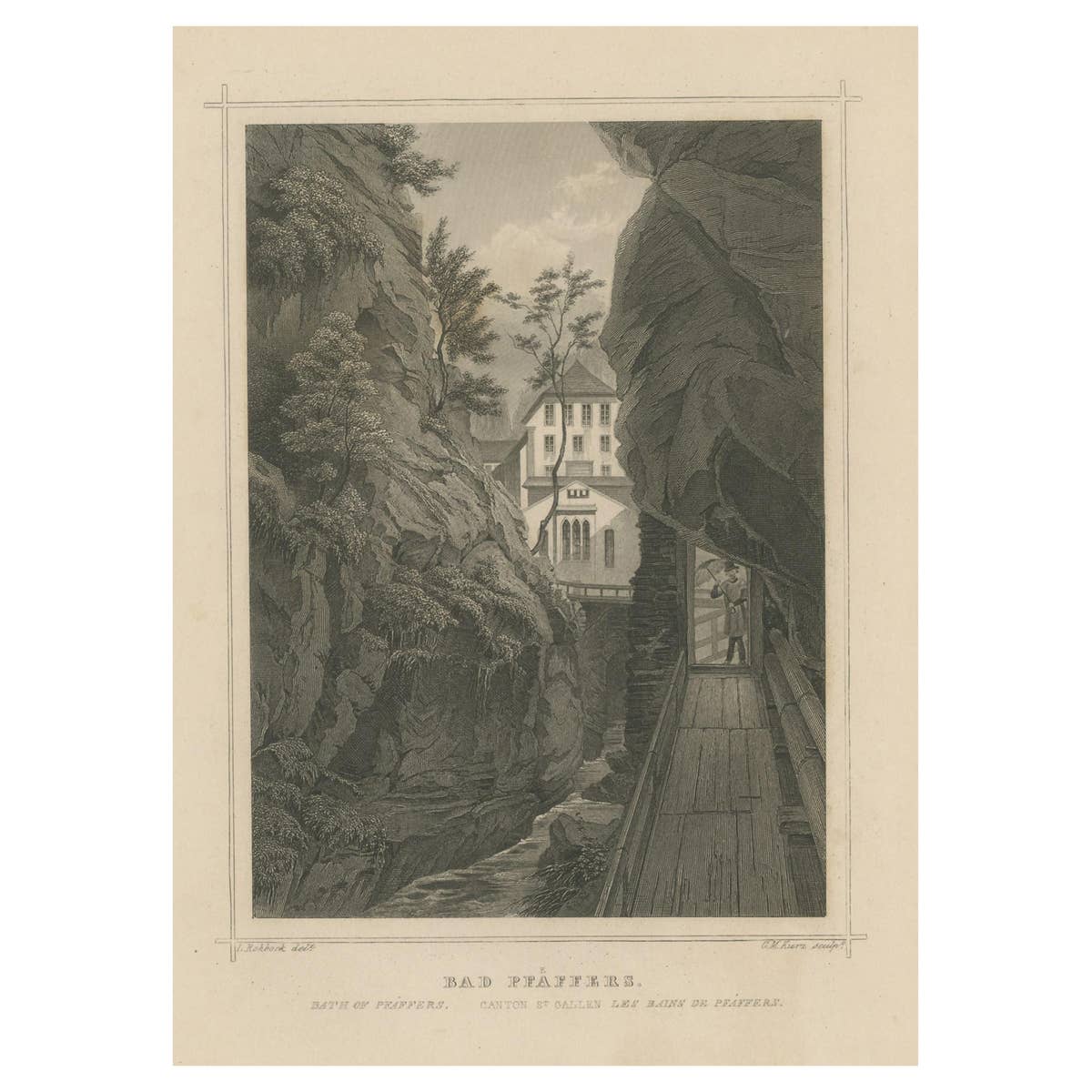 Antique Print of Bad Pfäfers, St. Gallen, Switzerland