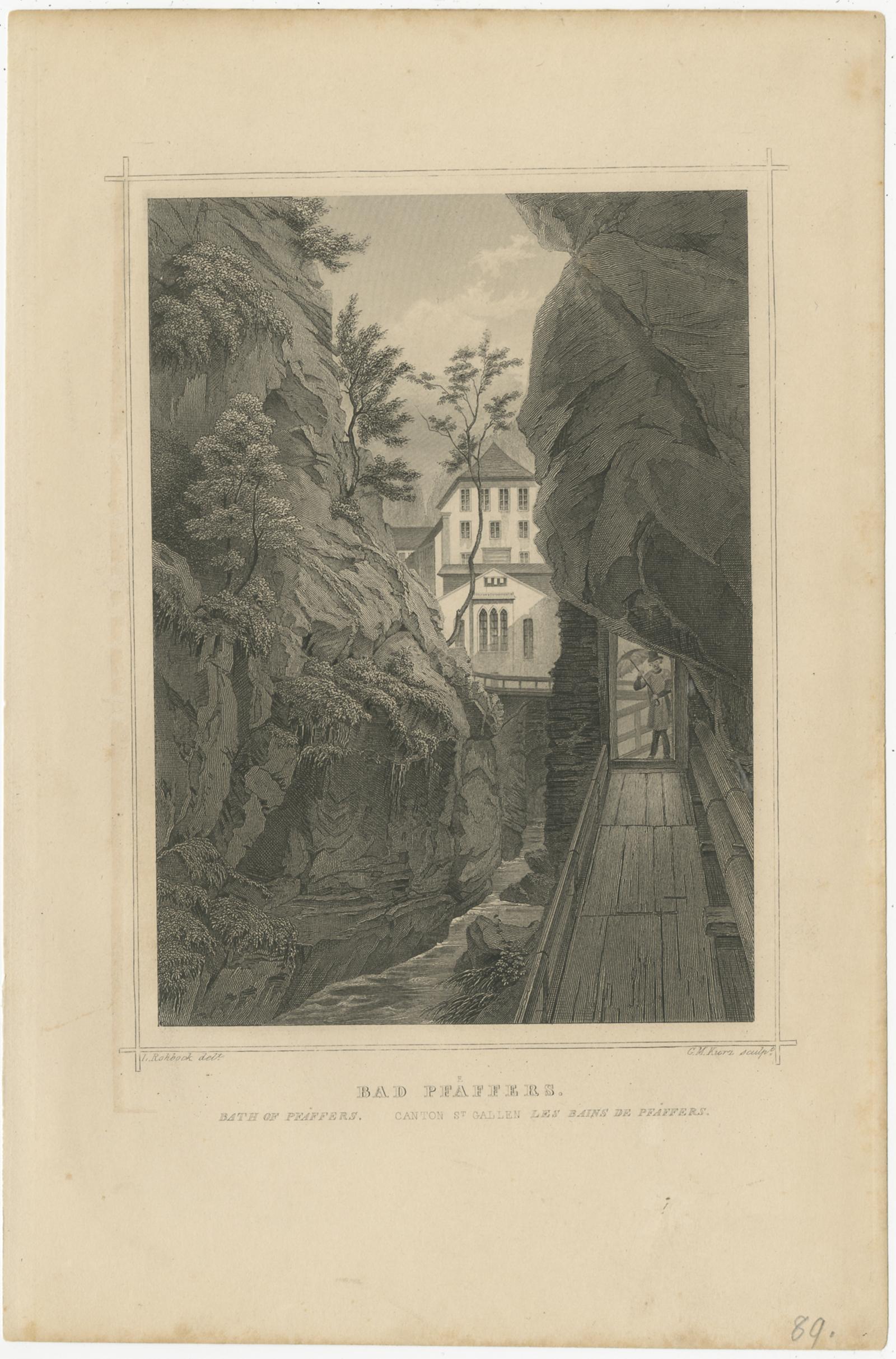 Antique print titled 'Bad Pfaeffers, Canton St. Gallen'. View of Bad Pfäfers, or Pfäfers Spa. Today, it is the oldest Baroque bath-house in Switzerland, houses a restaurant and a museum.

Engraved by G.M. Kurz after Rohbock. Published circa 1860.
