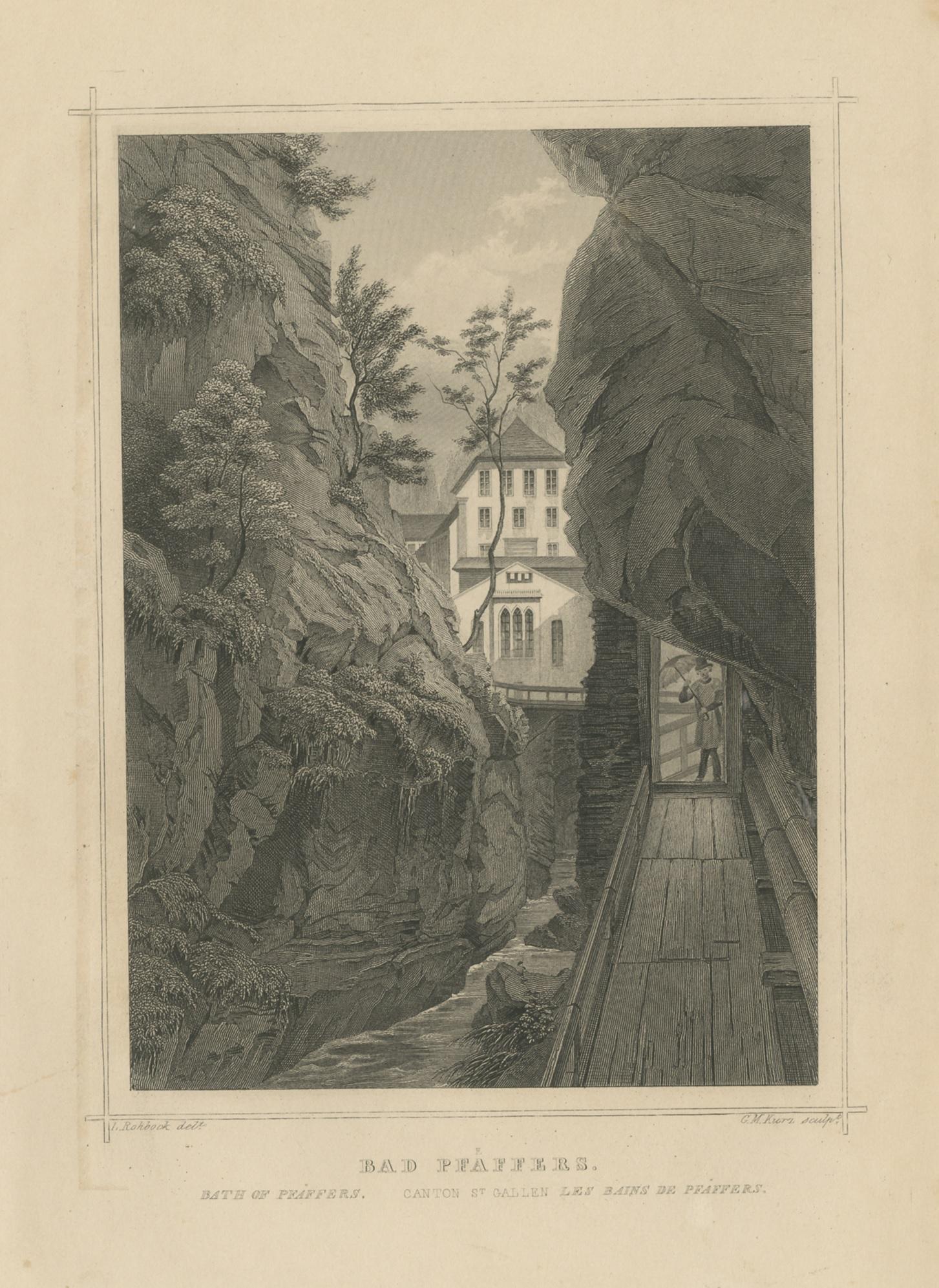 Antique Print of Bad Pfäfers, Switzerland In Fair Condition For Sale In Langweer, NL
