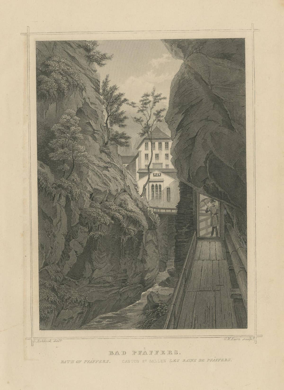 Antique Print of Bad Pfäfers, Switzerland