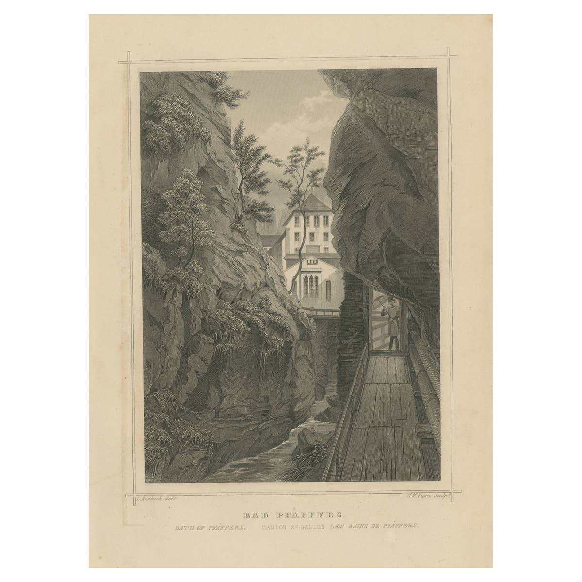Antique Print of Bad Pfäfers, Switzerland