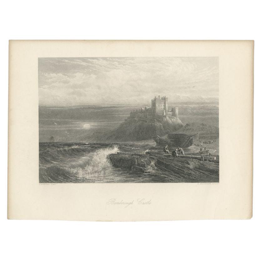 Antique Print of Bamburgh Castle in England, c.1875 For Sale