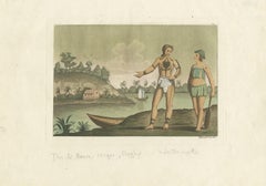 Old Hand-Colored Antique Print of Banae Inhabitants with Body Tattoos, 1827