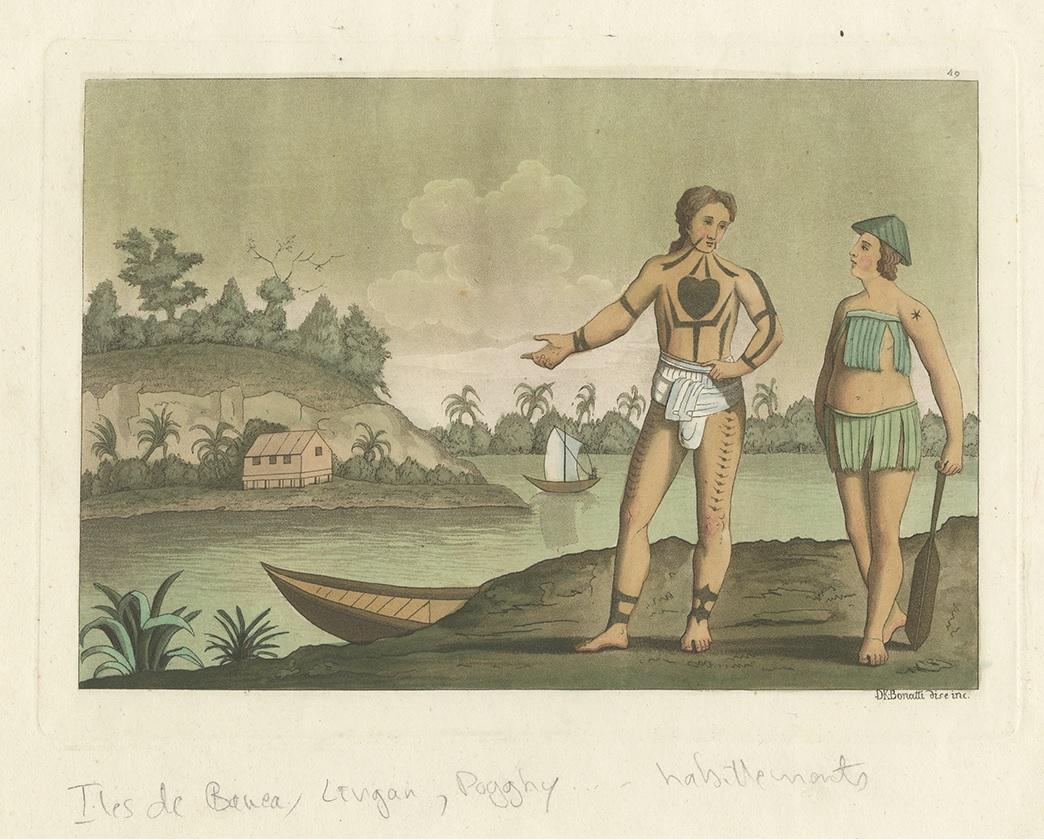 Old Hand-Colored Antique Print of Banae Inhabitants with Body Tattoos, 1827 In Good Condition For Sale In Langweer, NL