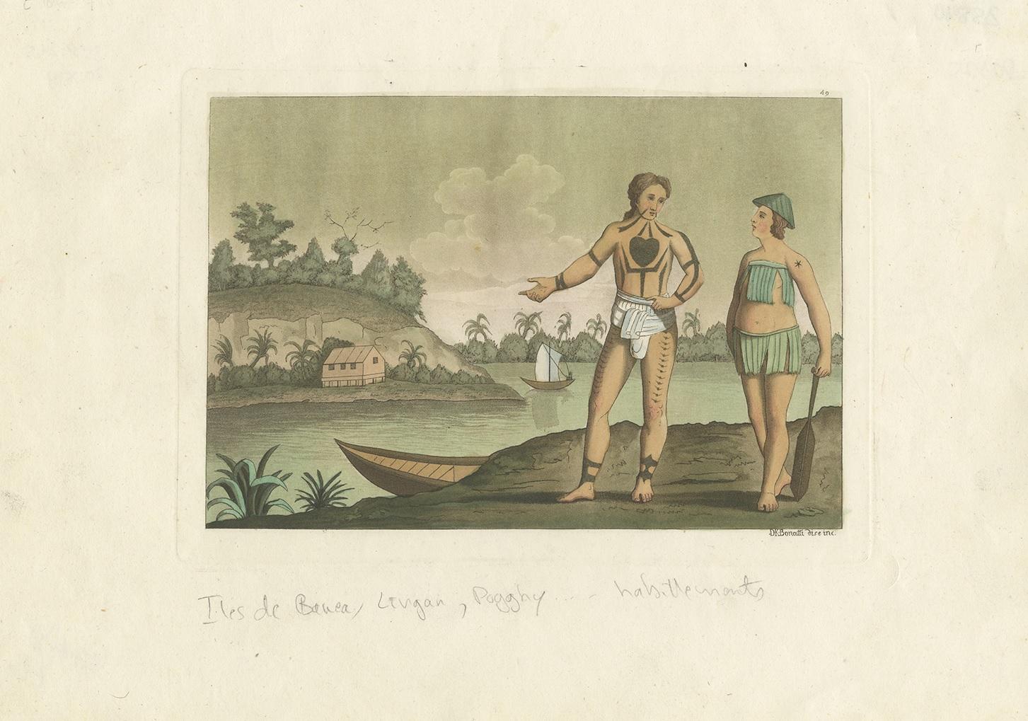 19th Century Old Hand-Colored Antique Print of Banae Inhabitants with Body Tattoos, 1827 For Sale