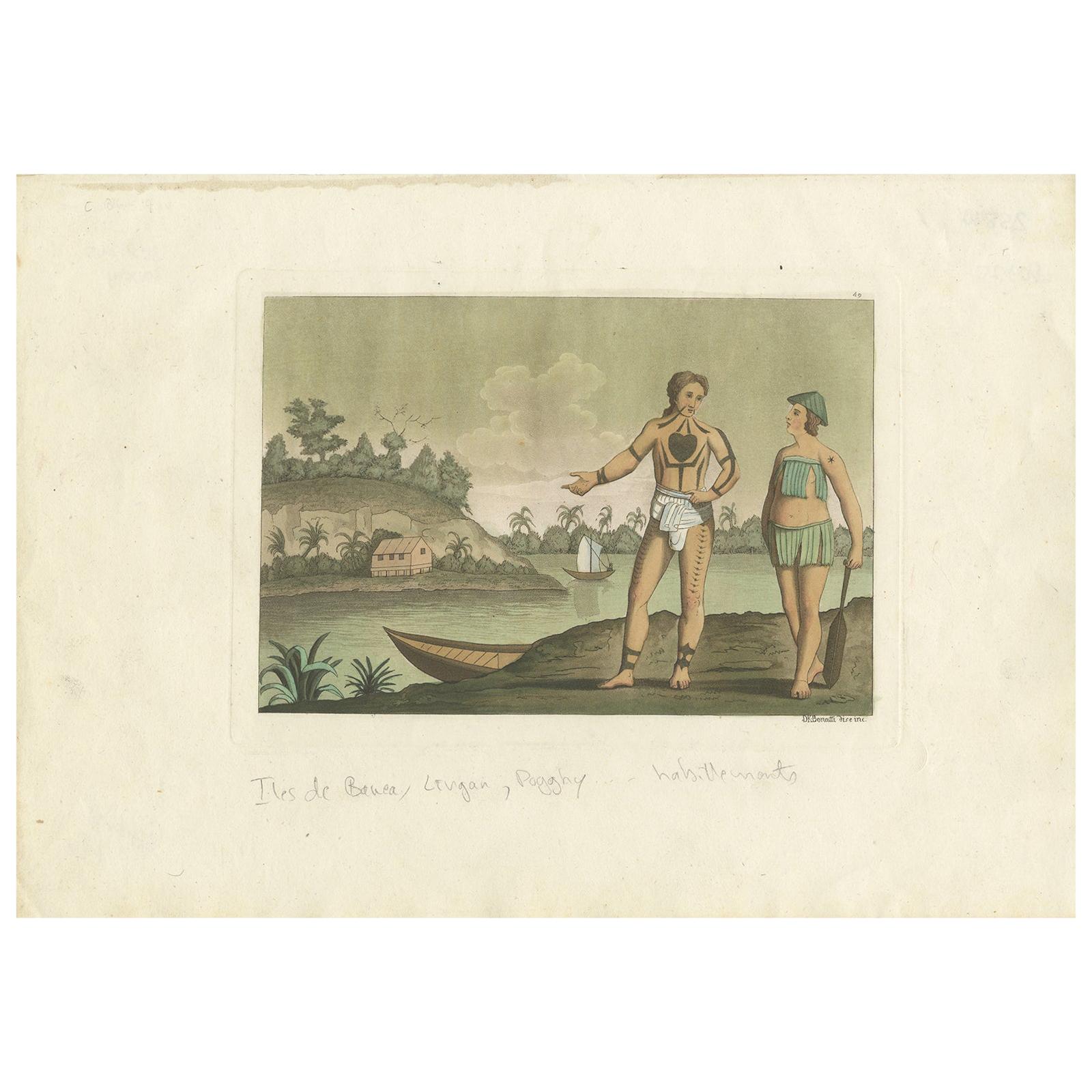 Old Hand-Colored Antique Print of Banae Inhabitants with Body Tattoos, 1827