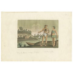 Old Hand-Colored Used Print of Banae Inhabitants with Body Tattoos, 1827